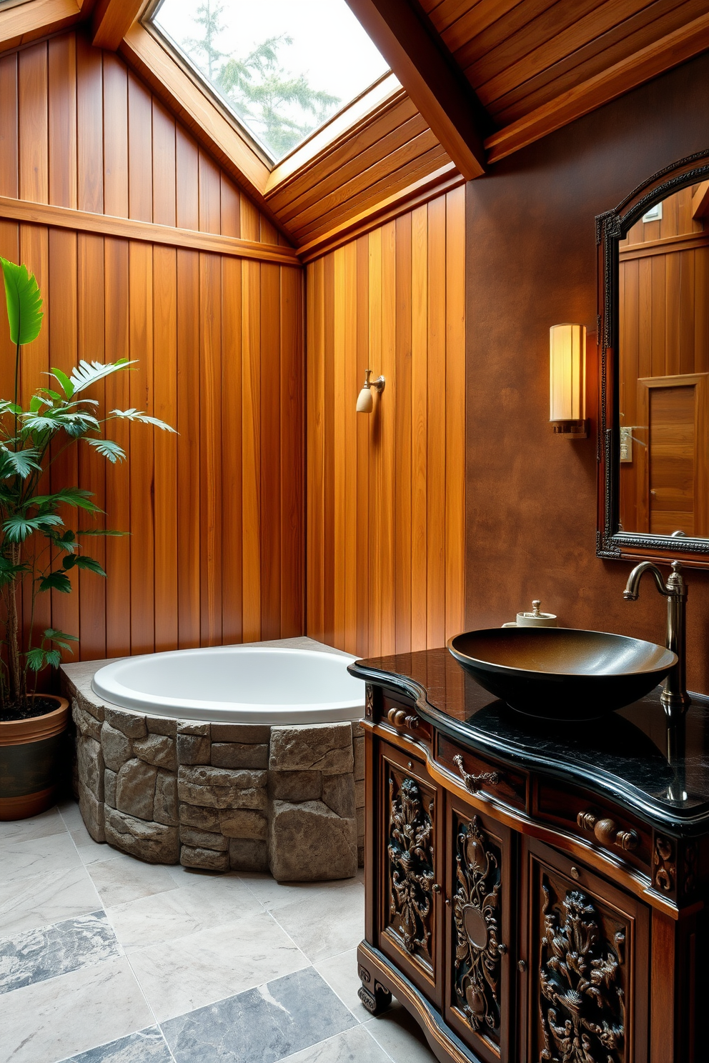 Elegant wood paneling creates a warm and inviting atmosphere in the bathroom. The space features a deep soaking tub surrounded by natural stone tiles and lush greenery for a serene retreat. The vanity is crafted from rich mahogany with intricate carvings, paired with a sleek vessel sink. Soft lighting illuminates the room, enhancing the natural textures and creating a tranquil ambiance.