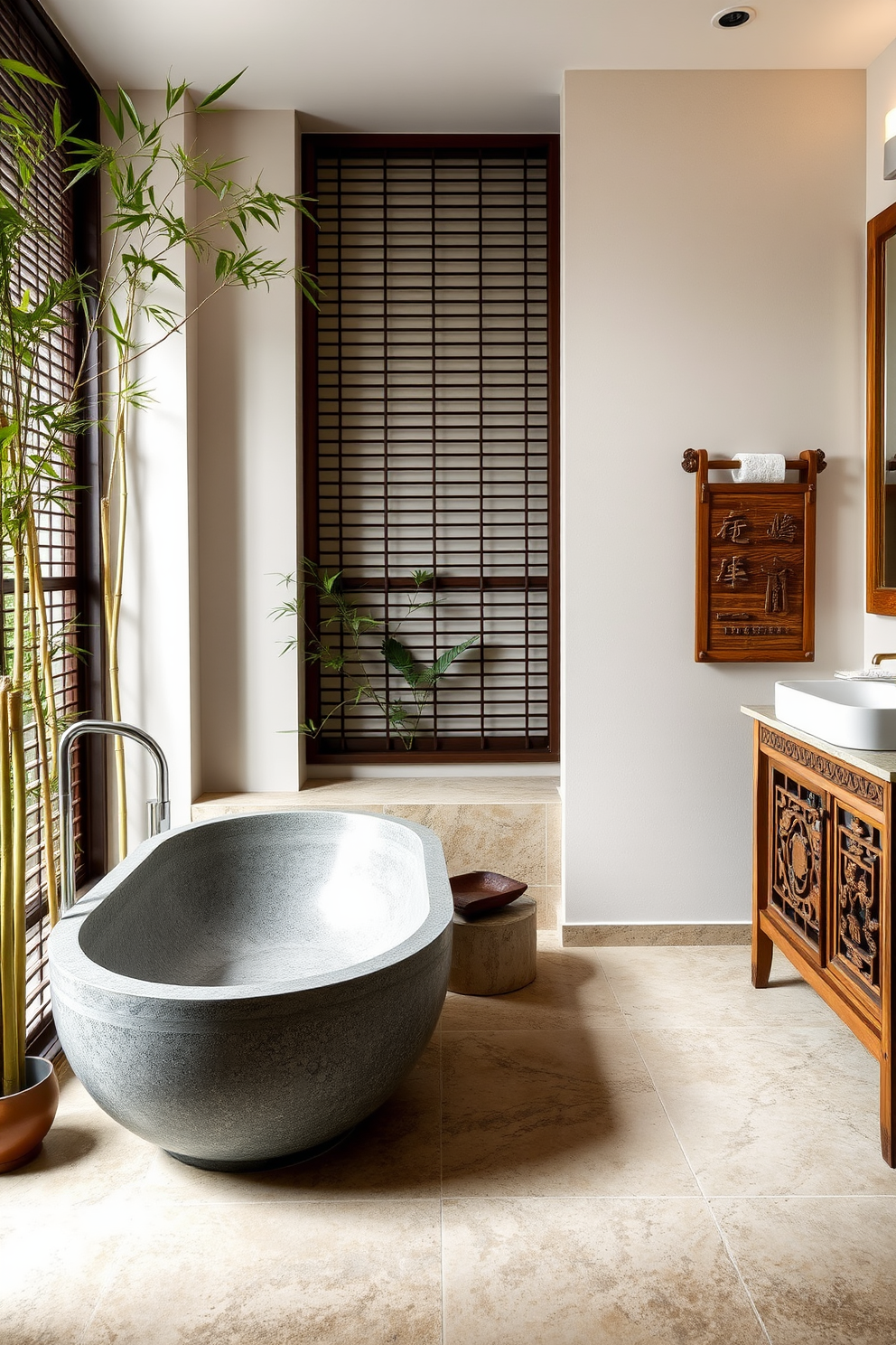 A serene Asian-inspired bathroom with frosted glass panels allowing soft light to filter through. The space features a deep soaking tub surrounded by natural stone tiles and bamboo accents for a calming atmosphere. A minimalist wooden vanity with a sleek countertop complements the tranquil setting. Potted plants and decorative stones enhance the organic feel, creating a harmonious retreat.