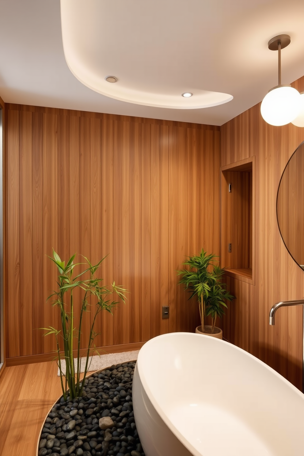 A serene Asian bathroom design featuring tatami mats that evoke an authentic Japanese ambiance. The space includes a deep soaking tub made of natural wood, surrounded by bamboo plants and soft lighting for a tranquil atmosphere. Natural stone sinks are set on a wooden vanity, complemented by minimalist decor that emphasizes simplicity and harmony. The walls are adorned with subtle earth tones, creating a warm and inviting environment.