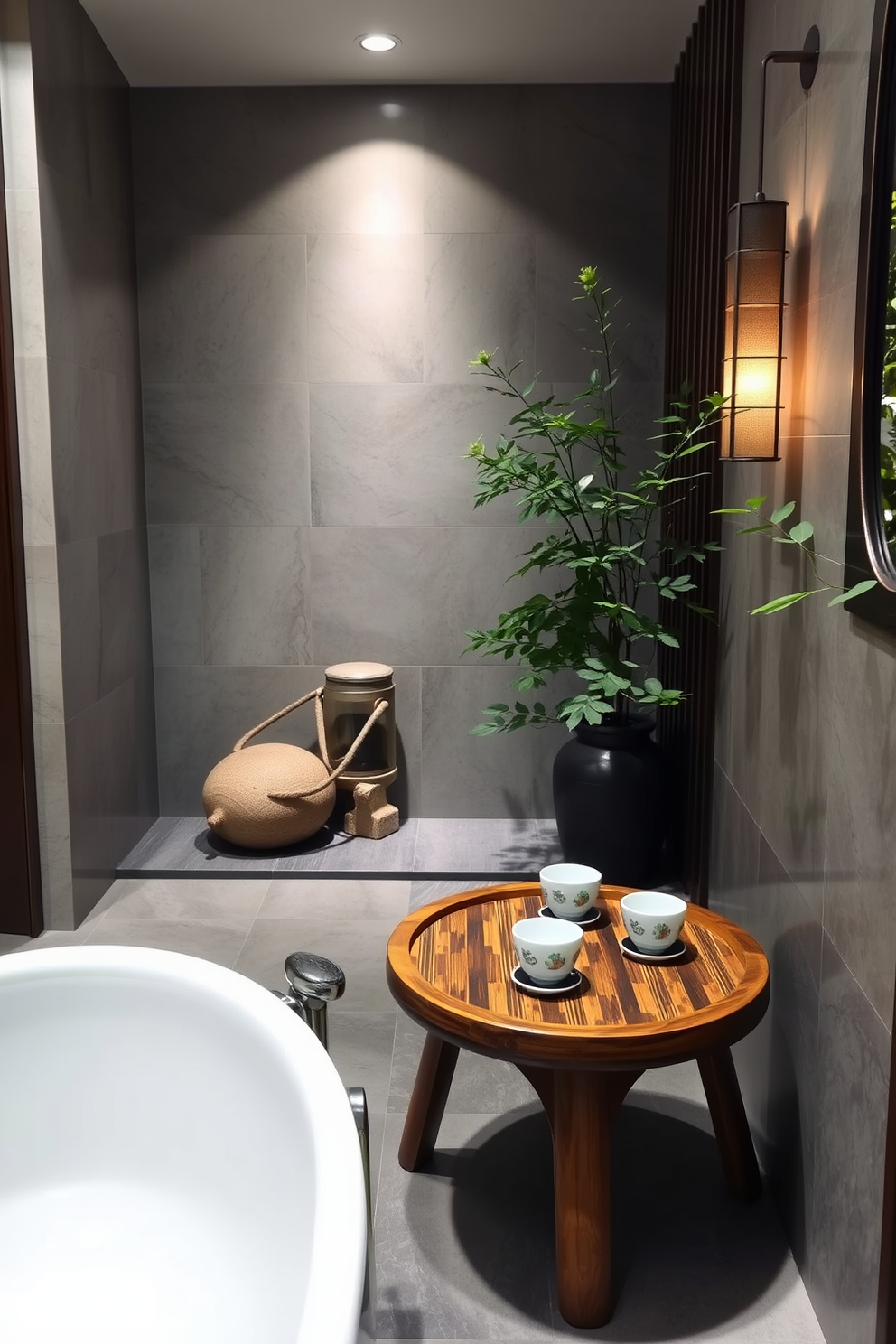 A serene Asian-inspired bathroom setting featuring a wooden tea station in the corner, complete with a bamboo tray and elegant teacups. The space is adorned with natural stone accents, soft lighting, and lush greenery, creating a tranquil atmosphere for relaxation.