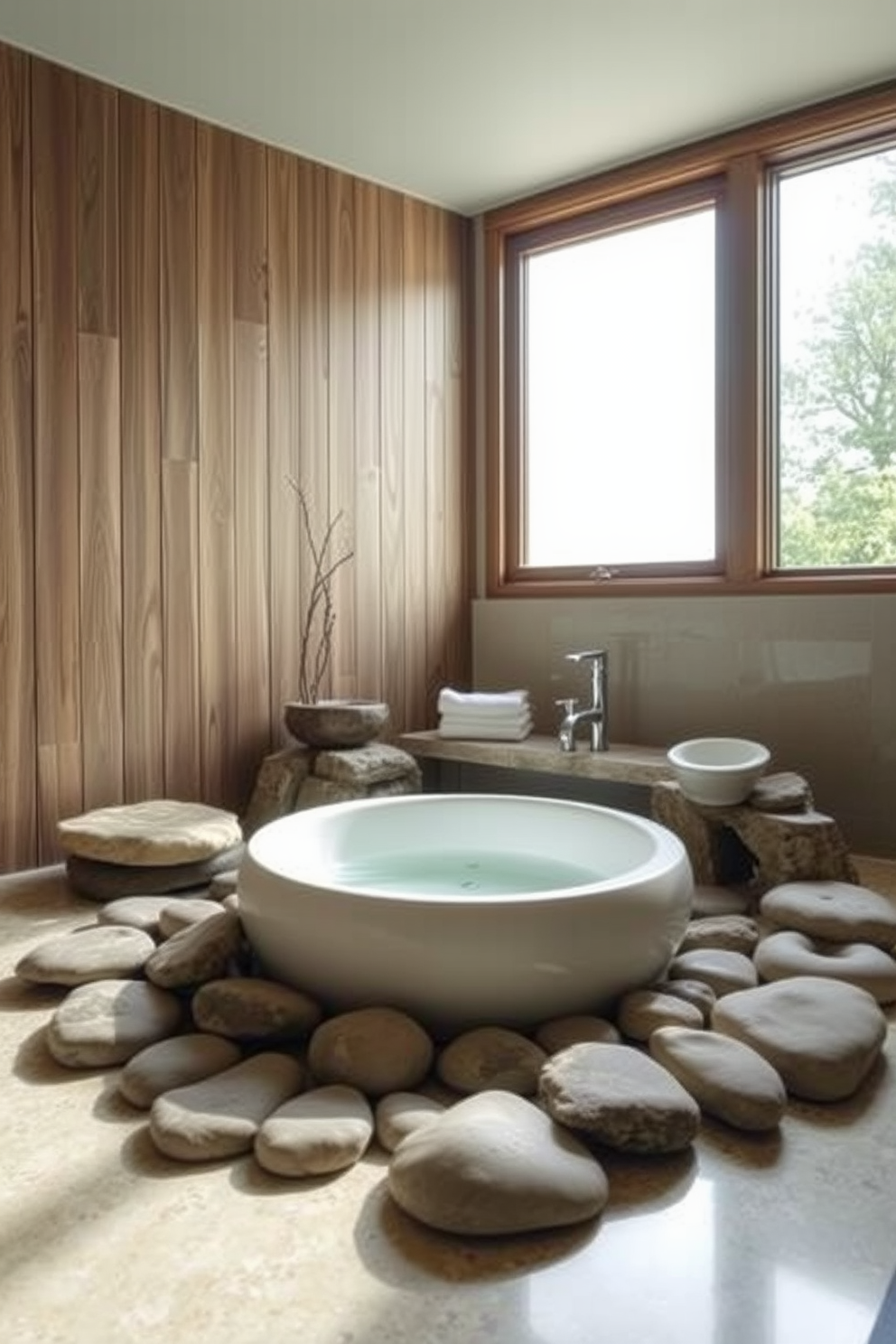 A serene Asian-inspired bathroom featuring a large soaking tub positioned beneath a skylight that floods the space with natural light. The walls are adorned with bamboo accents, and the floor is covered in smooth river stones, creating a tranquil atmosphere.