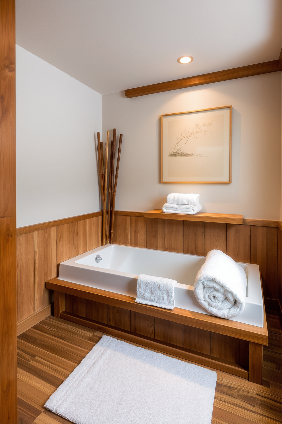 A serene Asian-inspired bathroom setting. The space features a deep soaking tub surrounded by natural wood elements and bamboo accents for a tranquil atmosphere. Soft, plush towels are neatly arranged on a wooden shelf, inviting comfort and relaxation. The walls are adorned with subtle, earthy tones and delicate artwork that reflects the beauty of nature.