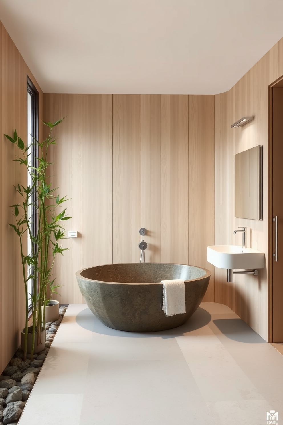 A serene Asian bathroom featuring minimalist design elements. The space includes a freestanding soaking tub made of natural stone, surrounded by bamboo plants for a calming atmosphere. The walls are adorned with light wood paneling, and the floor is covered in smooth river stones. A sleek, wall-mounted vanity with a single sink complements the clean lines of the overall design.