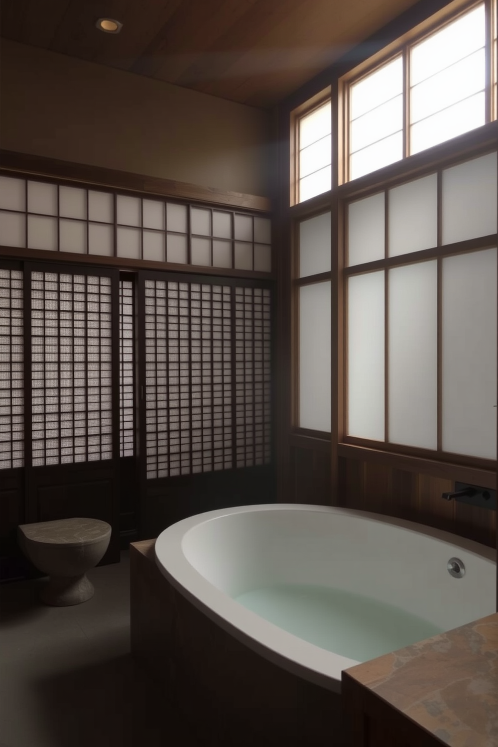 A serene bathroom featuring traditional Japanese shoji screens that provide privacy while allowing soft light to filter through. The space is adorned with natural wood elements, a deep soaking tub, and stone accents that evoke a calming atmosphere.