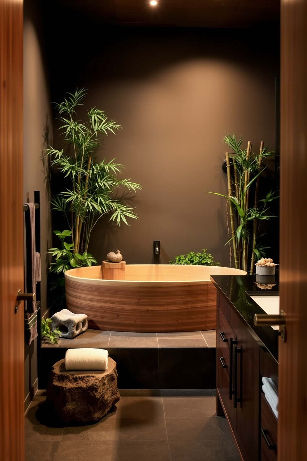 A serene Asian bathroom featuring minimalist decor with clean lines. The space includes a freestanding soaking tub made of natural stone, complemented by a bamboo plant in the corner and soft ambient lighting. The walls are adorned with textured panels in a neutral tone, while a sleek wooden vanity with a single sink offers a clutter-free surface. Natural materials like stone and wood create a harmonious atmosphere, enhancing the sense of tranquility.