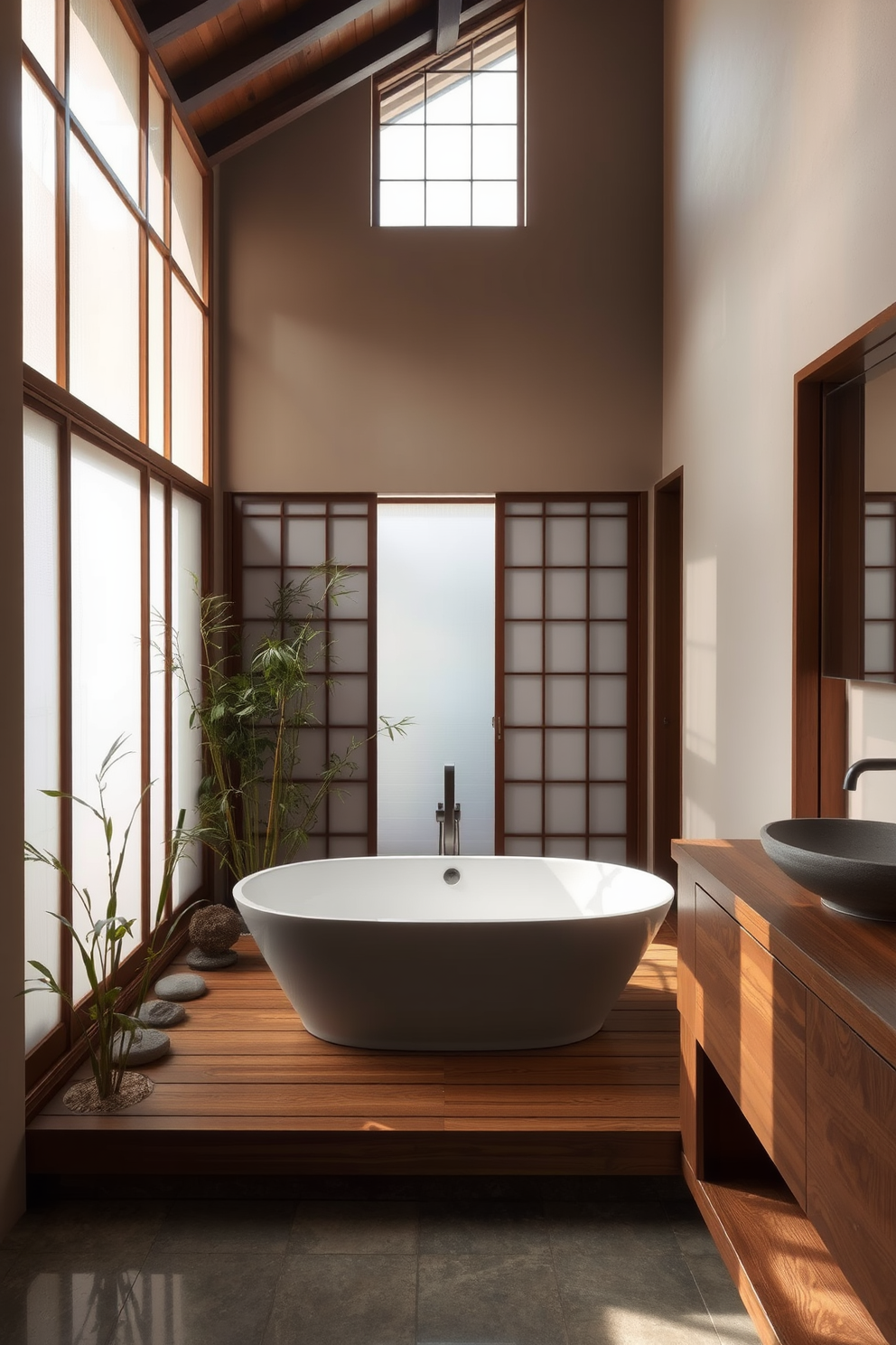 A serene Asian-inspired bathroom featuring a freestanding tub as the focal point. The tub is elegantly positioned on a wooden platform surrounded by bamboo plants and smooth stones. Natural light filters through shoji screens, casting soft shadows across the space. The walls are adorned with subtle earth tones, complemented by a minimalist wooden vanity with a stone sink.