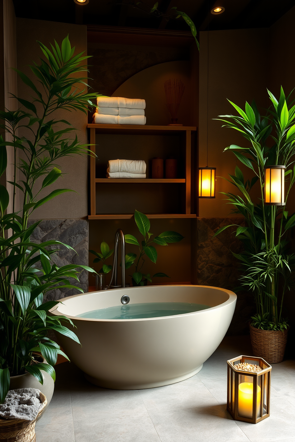 A serene Asian-inspired bathroom features natural stone elements and soft lighting. Lush indoor plants are strategically placed to enhance tranquility and create a calming atmosphere. The focal point is a freestanding soaking tub surrounded by bamboo accents. A wooden shelf holds neatly arranged towels, while delicate lanterns provide a warm glow.