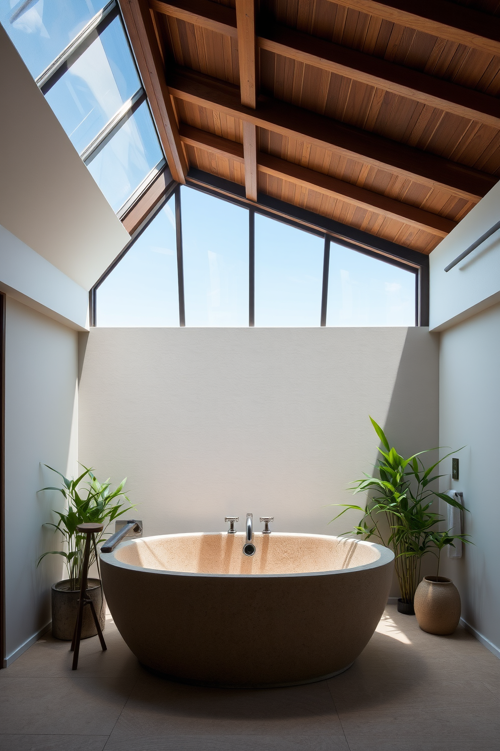 A serene Asian bathroom design that emphasizes the use of natural light through expansive skylights. The space features a deep soaking tub made of natural stone, surrounded by bamboo plants for a tranquil atmosphere.