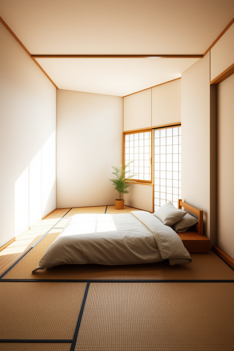 A serene minimalist Japanese bedroom features tatami mats covering the floor, creating a warm and inviting atmosphere. The room is adorned with low-profile furniture, including a simple wooden bed frame with soft bedding and a low nightstand beside it. Natural light floods in through shoji screens, casting gentle shadows on the walls painted in calming neutral tones. A small indoor plant sits in the corner, adding a touch of greenery to the tranquil space.