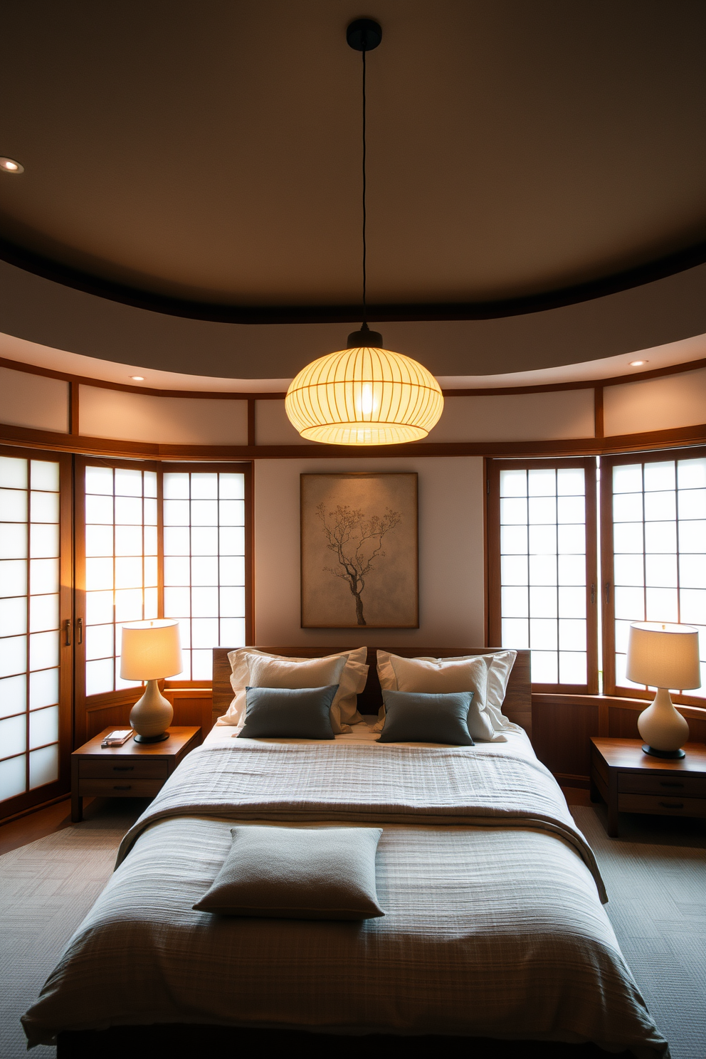 A serene Asian bedroom design that incorporates feng shui principles for a harmonious layout. The room features a low platform bed with soft linens, positioned to face the entrance while allowing for clear pathways around the space. Natural materials like bamboo and wood are used throughout, creating a calming atmosphere. A small water feature or indoor plant is placed in the corner to promote balance and tranquility.