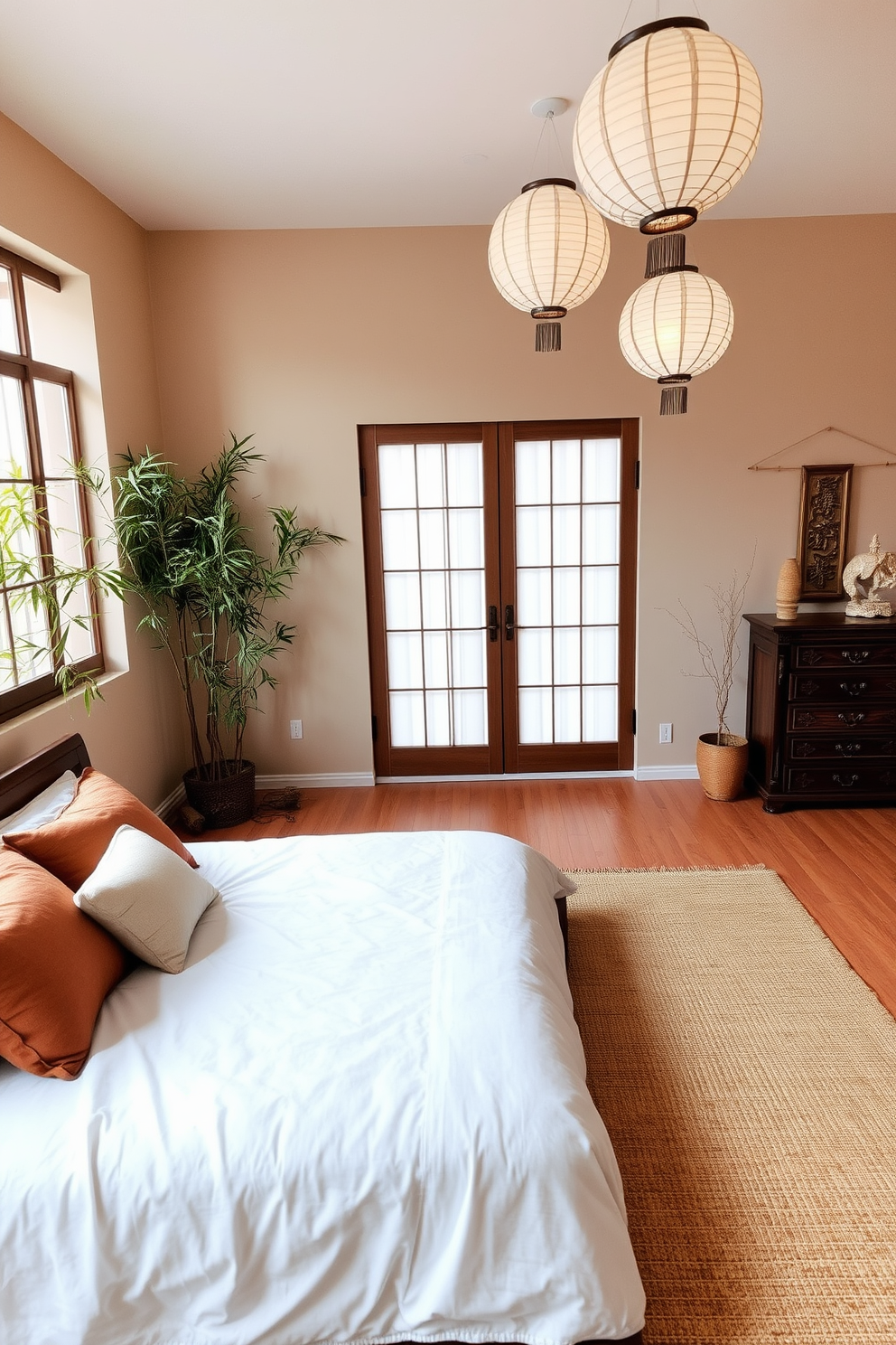 A serene Asian bedroom setting featuring layered lighting with soft, glowing paper lanterns hanging from the ceiling. The room is adorned with a low wooden platform bed dressed in rich fabrics, complemented by a bamboo accent wall and sliding shoji screens that filter natural light.