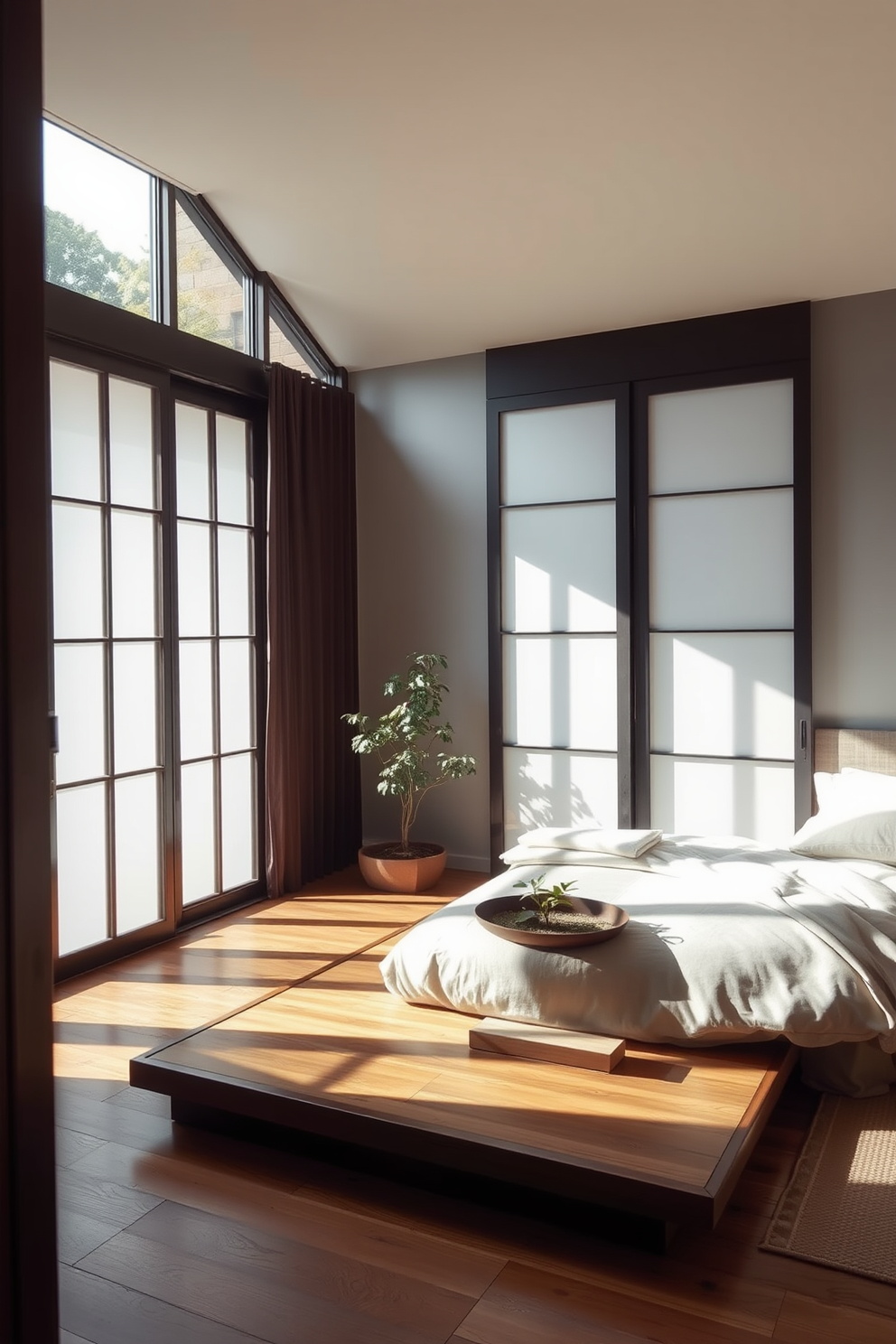 A serene Asian bedroom featuring bamboo flooring that brings warmth and a natural feel to the space. The room is adorned with minimalist furniture, including a low-profile bed with a simple yet elegant headboard and soft, neutral bedding. Natural light filters through shoji screens, casting gentle shadows on the walls. A small indoor plant sits in the corner, adding a touch of greenery and tranquility to the atmosphere.