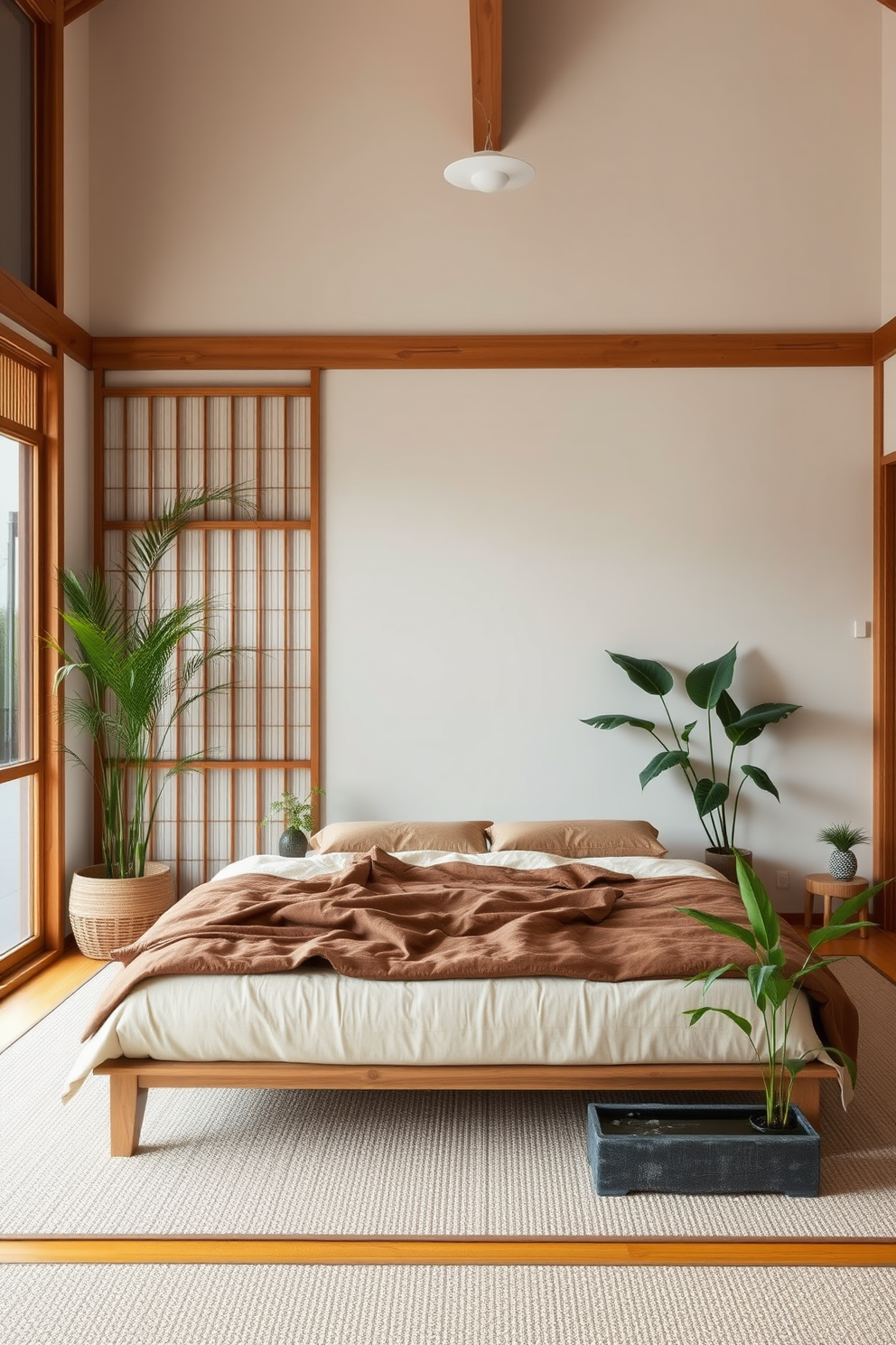 A serene Asian-inspired bedroom featuring natural wood elements and soft neutral tones. Indoor plants are strategically placed to enhance the air quality and add a touch of nature, creating a tranquil atmosphere. The bed is low to the ground with a simple wooden frame, adorned with plush bedding in earthy hues. Bamboo accents and a small indoor water feature contribute to a calming environment, inviting relaxation and peace.