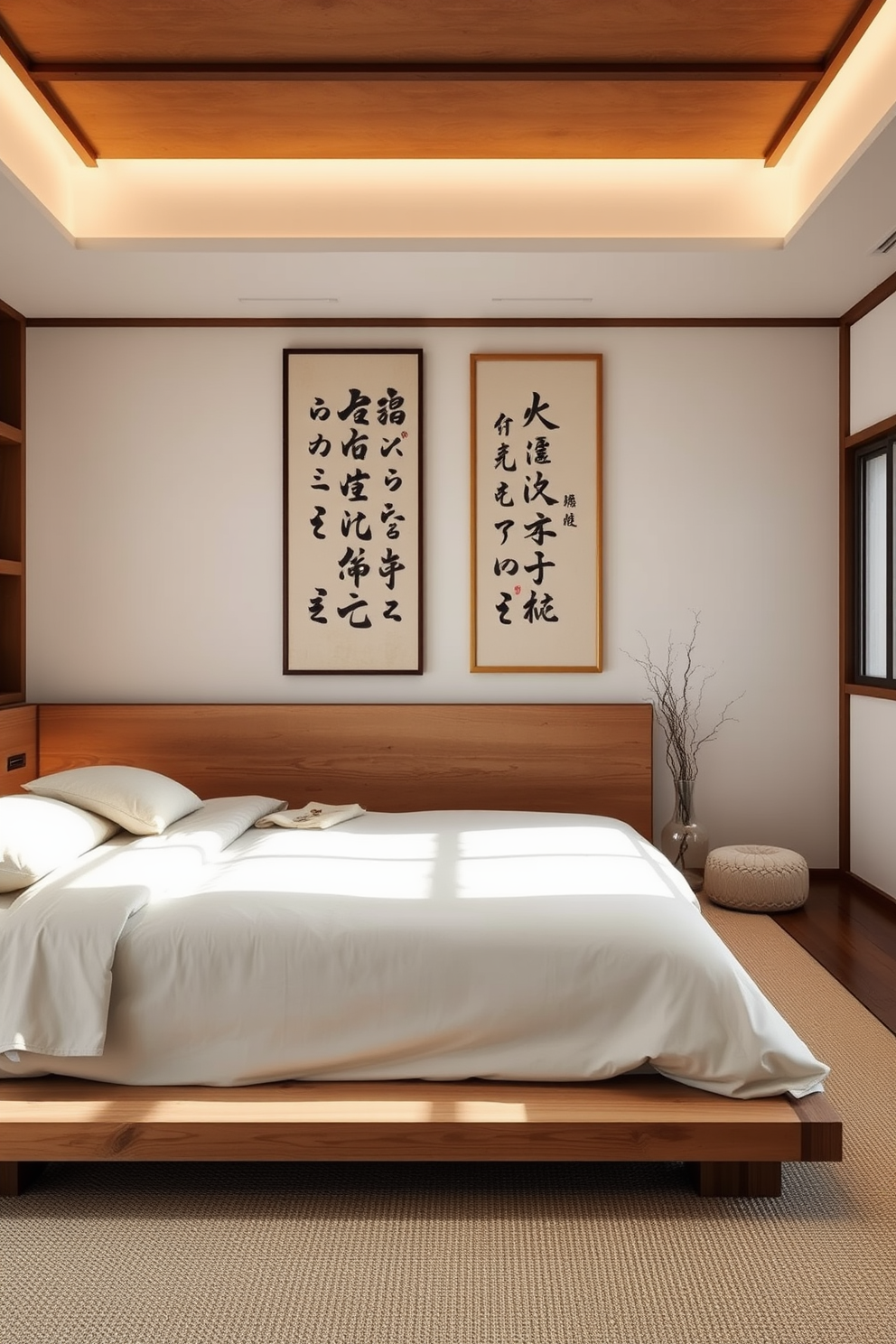 A serene Asian bedroom with calligraphy art adorning the walls. The space features a low platform bed with natural wood finishes, surrounded by soft textiles in muted colors.