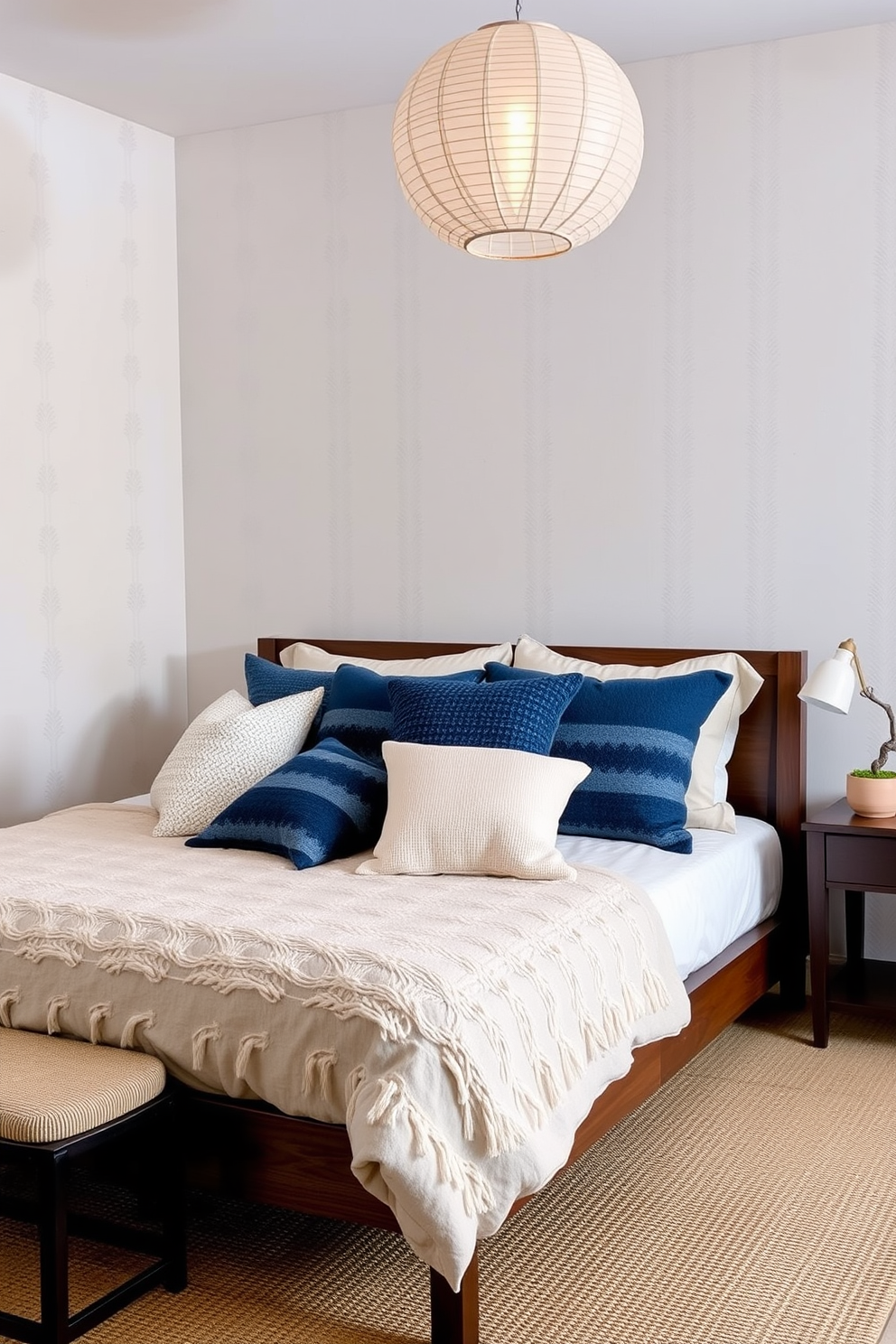 A serene Asian-inspired bedroom featuring a low platform bed adorned with crisp white linens and a soft throw blanket. Lush indoor plants are strategically placed around the room, enhancing the fresh air and creating a calming atmosphere. The walls are painted in warm earth tones, complemented by bamboo accents and traditional Asian decor. Natural light filters through sheer curtains, illuminating the space and highlighting the beauty of the greenery.