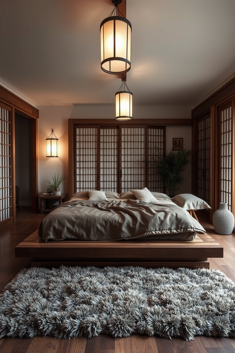 A tranquil Asian-inspired bedroom featuring soft lighting from elegant lanterns. The room is adorned with a low platform bed dressed in rich fabrics and surrounded by bamboo accents. Natural wood elements create a harmonious atmosphere, while sliding shoji screens provide privacy. A plush area rug complements the serene color palette of muted earth tones.