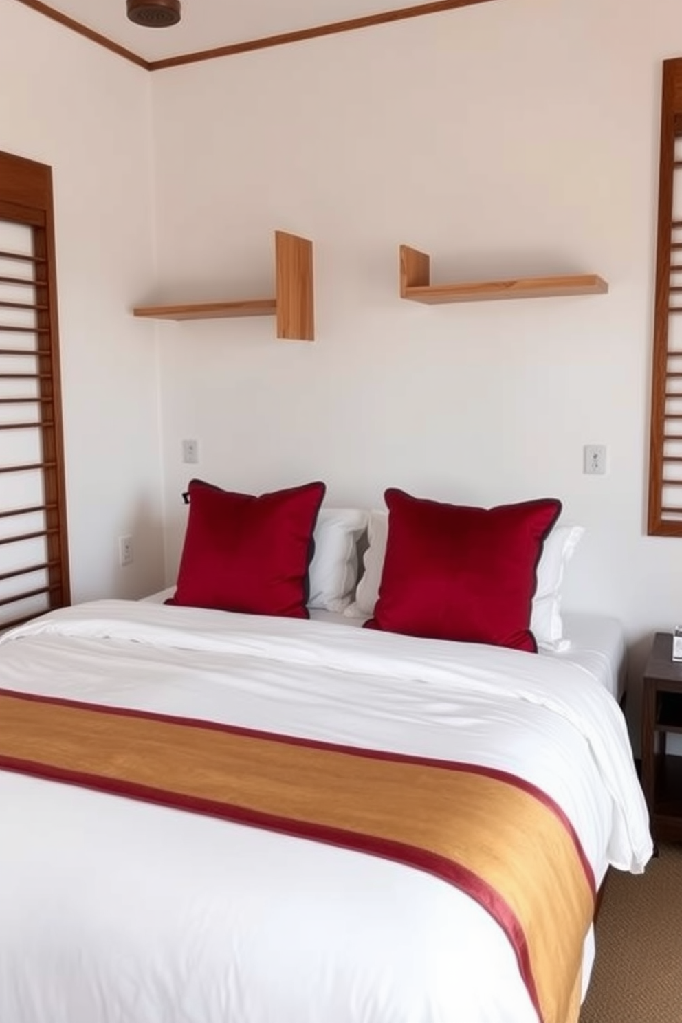 A serene Asian bedroom setting featuring a low wooden platform bed adorned with textured throws and cushions in warm earthy tones. The walls are painted in soft neutrals, complemented by bamboo accents and a traditional Asian-inspired artwork hanging above the bed.