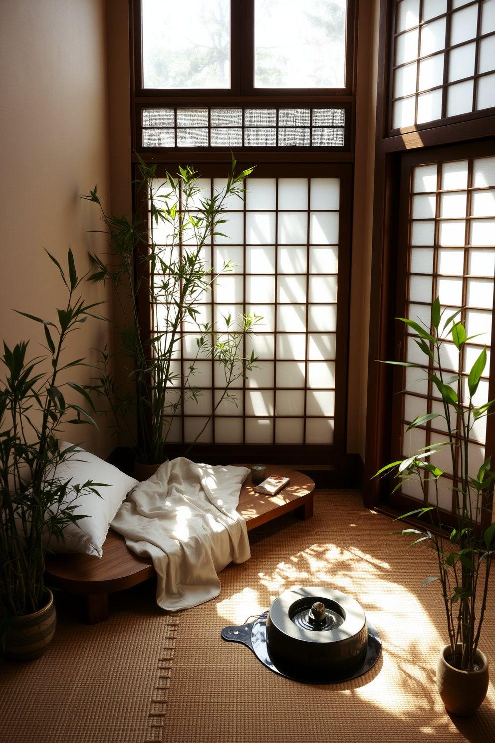 A serene meditation nook is nestled in the corner of a tranquil Asian-inspired bedroom. The nook features a low wooden platform adorned with soft cushions and a delicate silk throw, surrounded by bamboo plants that create a calming atmosphere. Natural light filters through shoji screens, casting gentle shadows on the tatami mat flooring. The walls are painted in soft earth tones, and a small water feature adds a soothing sound to enhance the peaceful ambiance.