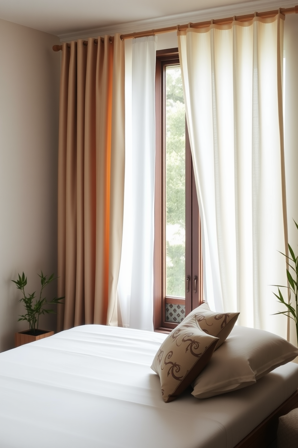 A serene Asian bedroom setting featuring silk curtains that drape elegantly from a wooden rod. The curtains softly filter natural light, creating a warm and inviting atmosphere. The room is adorned with minimalist furniture, including a low platform bed with plush bedding and decorative throw pillows. Bamboo plants are placed strategically in the corners, enhancing the tranquil vibe of the space.