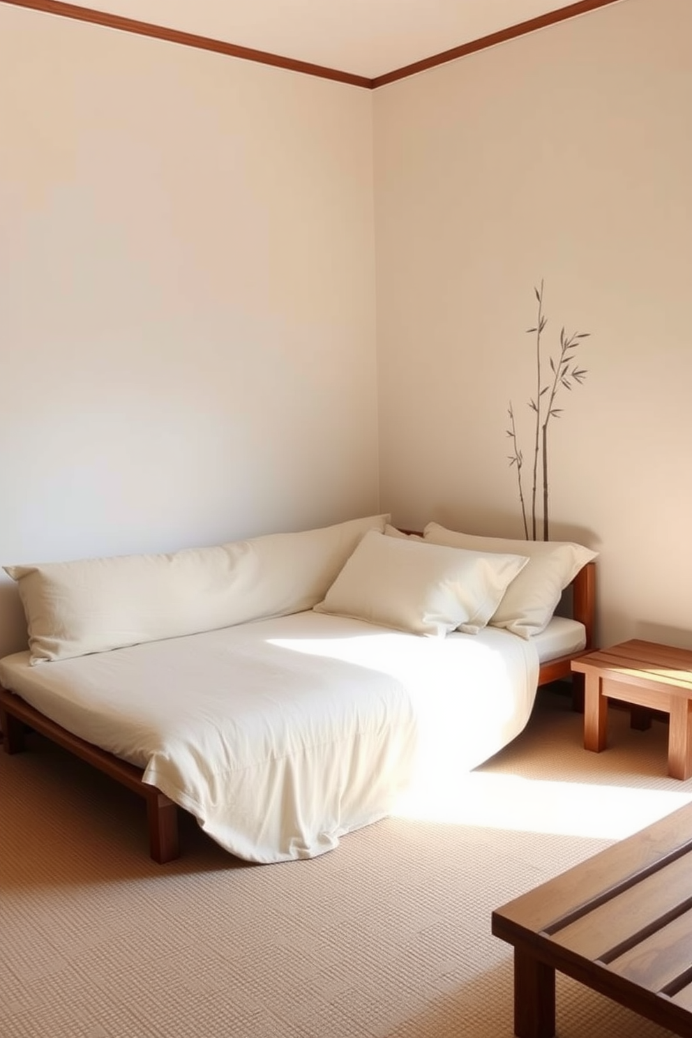 A serene Asian-inspired bedroom featuring a futon bed dressed in soft linen bedding. The walls are adorned with subtle bamboo motifs, and a low wooden bedside table complements the minimalist aesthetic.