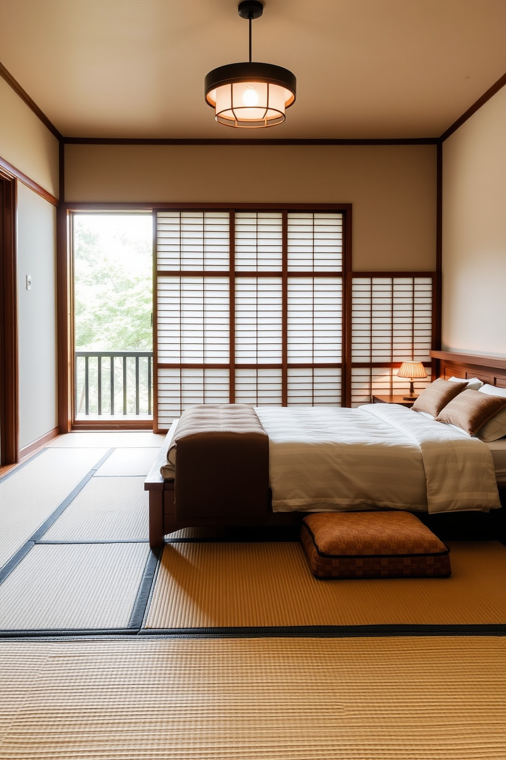 A serene Asian bedroom featuring tatami mats as flooring for an authentic touch. The room is adorned with sliding shoji screens, creating a peaceful atmosphere complemented by minimalist wooden furniture.