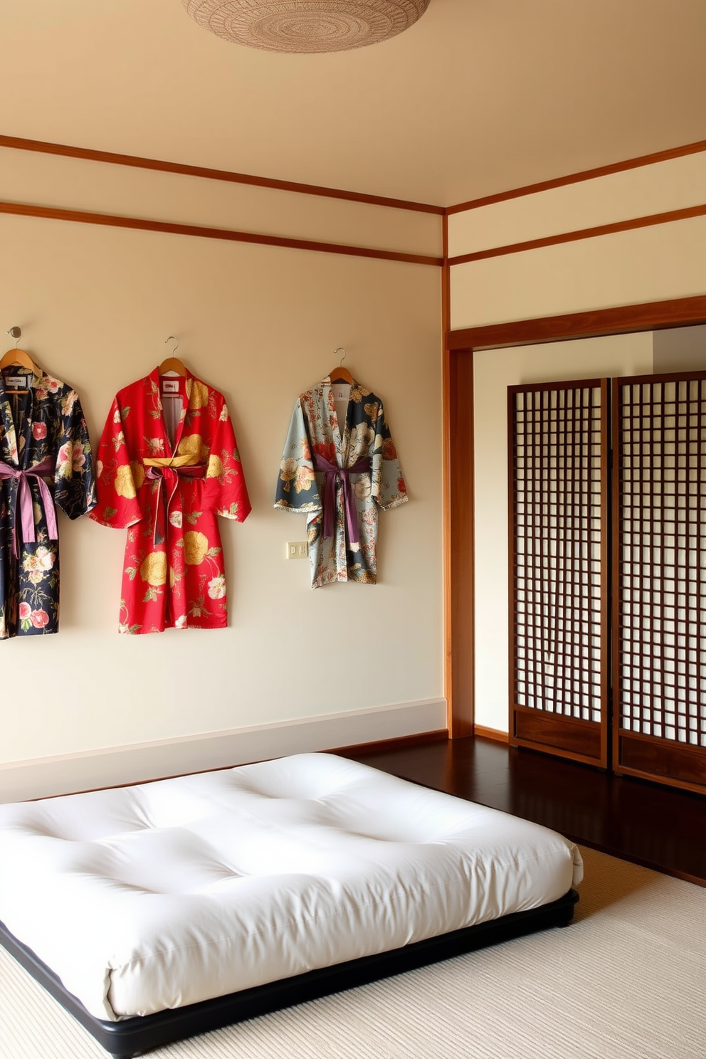 A serene Asian bedroom featuring colorful kimonos as decorative pieces elegantly displayed on the walls. The room includes a low platform bed with a soft futon and an intricate wooden screen that adds a touch of traditional charm.