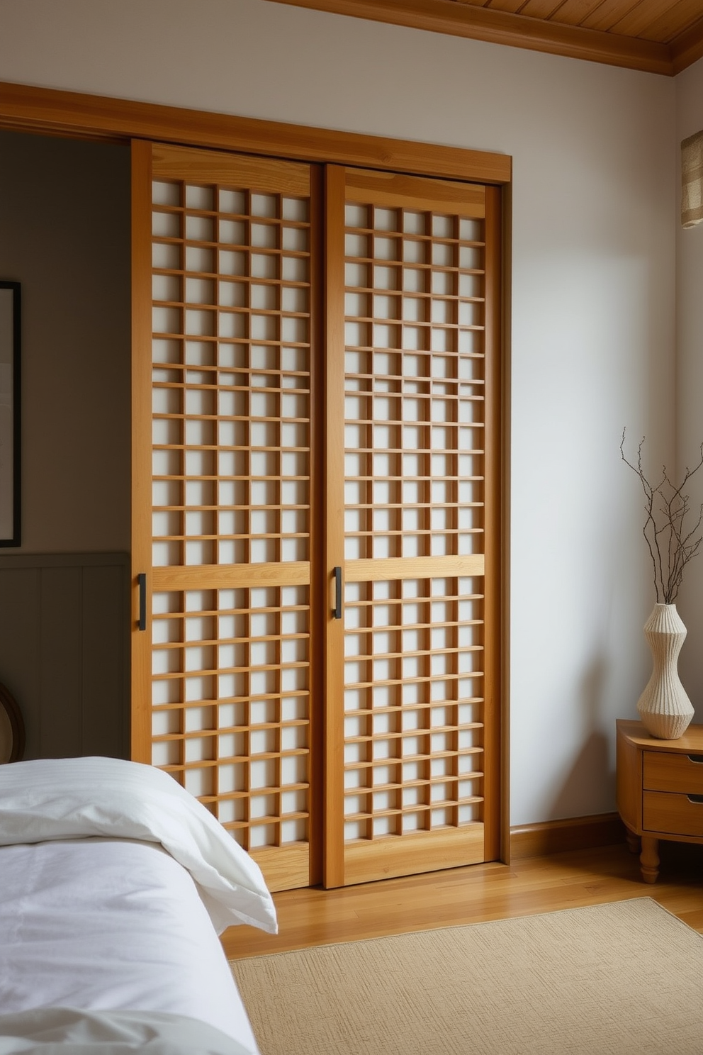 A serene Asian bedroom featuring Japanese-style sliding closet doors made of natural wood with intricate lattice designs. The room is adorned with soft neutral tones and minimalistic decor, creating a tranquil atmosphere ideal for relaxation.