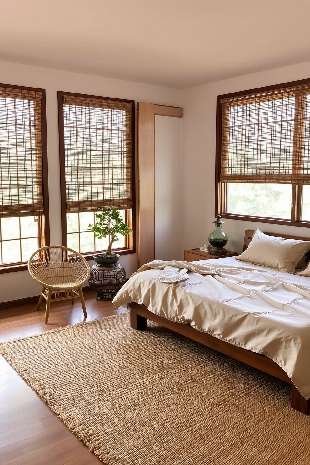 A serene Asian bedroom featuring natural fibers in the decor. The room has a low wooden platform bed adorned with a woven jute rug and silk bedding in soft earth tones. Bamboo blinds filter soft light through the windows, creating a tranquil atmosphere. Decorative elements include a rattan chair and a wooden side table with a bonsai tree as a focal point.