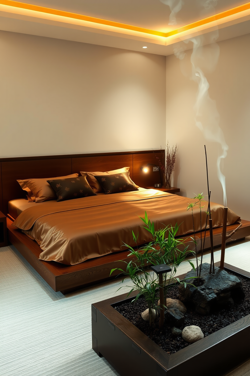 A serene Asian bedroom with soft ambient lighting. The room features a low wooden platform bed adorned with luxurious silk bedding and decorative pillows in earthy tones. In the corner, a small Zen garden adds a touch of tranquility. Bamboo plants are placed strategically, enhancing the calming atmosphere with fragrant incense wafting through the air.