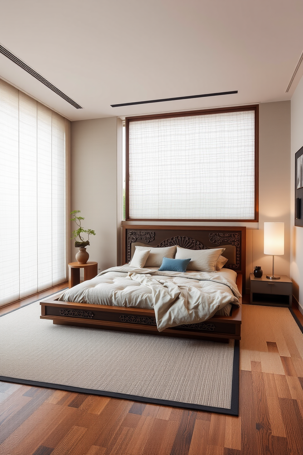 A serene Asian bedroom that blends modern and traditional elements. The room features a low wooden platform bed with intricate carvings and plush bedding in neutral tones. On one side, a sleek modern nightstand holds a minimalist lamp and a small bonsai tree. The walls are adorned with delicate rice paper panels, and a large window offers a view of a tranquil garden.