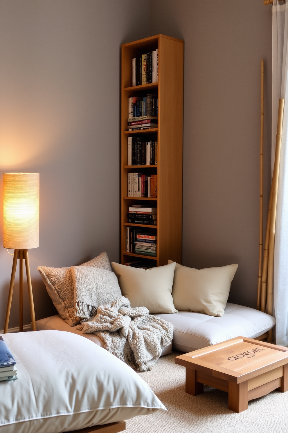 Create a cozy reading corner with plush cushions and a soft throw blanket. A tall bookshelf filled with books stands against the wall, and a warm lamp casts a gentle glow over the space. Incorporate elements of Asian design with natural materials and calming colors. Bamboo accents and a low, wooden table add to the serene atmosphere, inviting relaxation and contemplation.