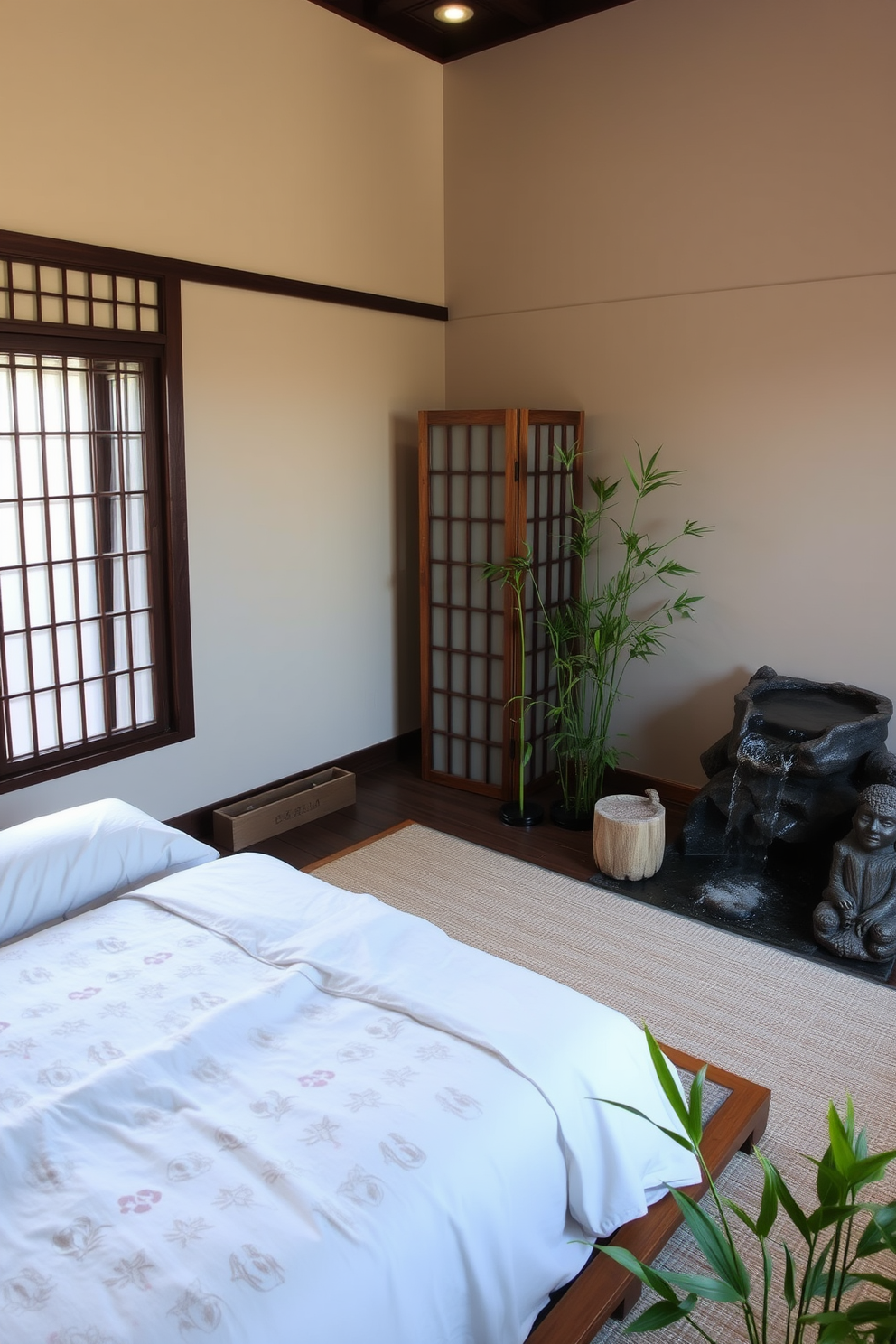 A tranquil Asian bedroom setting featuring a low platform bed draped in soft linens and surrounded by bamboo plants. To one side, a small water feature gently flows, creating a serene ambiance, while a wooden screen adds an element of privacy and elegance.