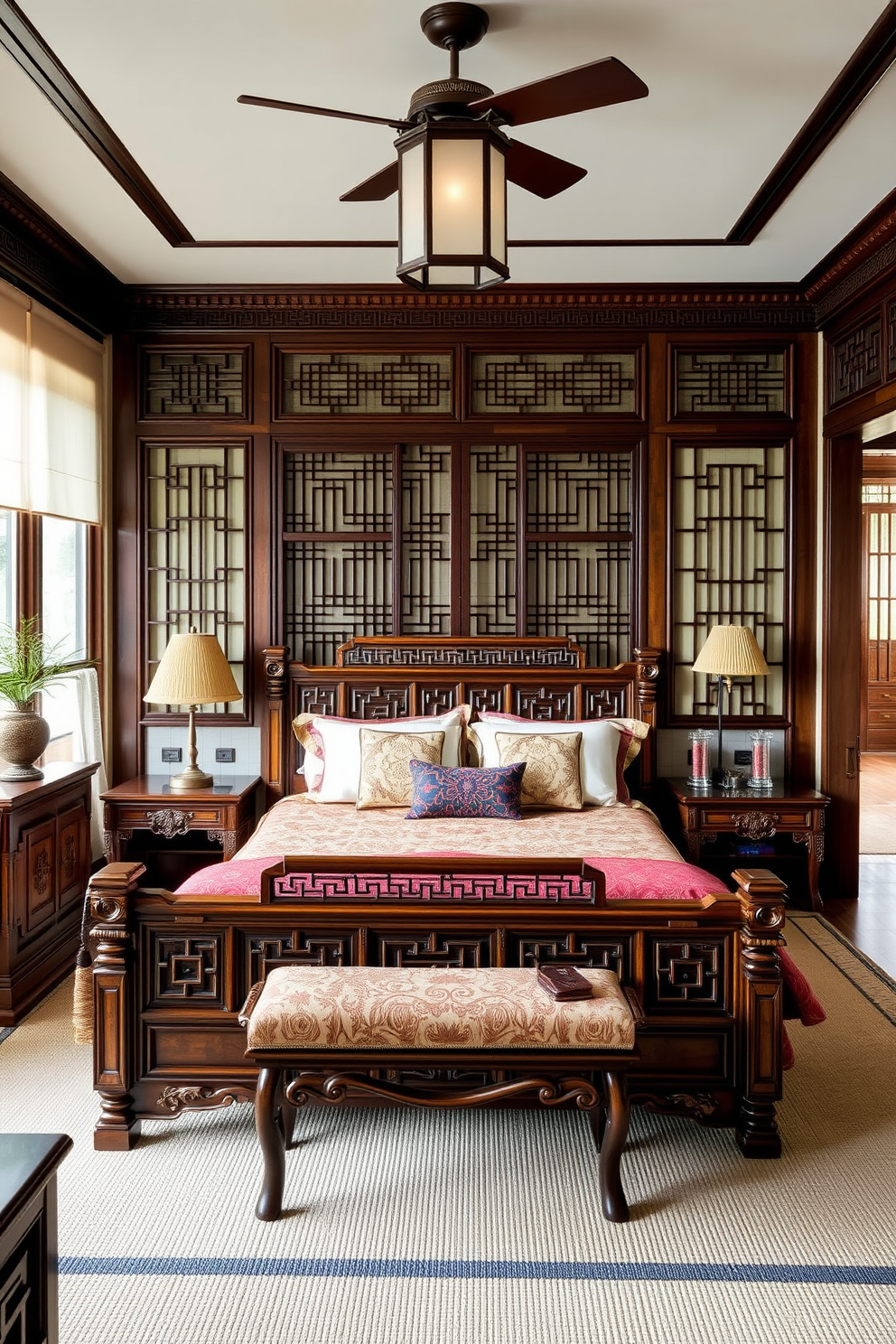 A serene Asian bedroom featuring handcrafted wooden furniture that showcases intricate details. The bed is adorned with rich textiles, and a wooden screen adds an element of privacy while enhancing the room's aesthetic.