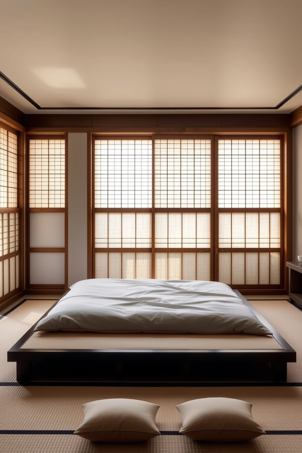 A serene Asian bedroom featuring elegant Shoji screens that provide both privacy and filtered light. The room is adorned with natural wood elements, a low platform bed with soft linens, and minimalist decor that enhances tranquility.