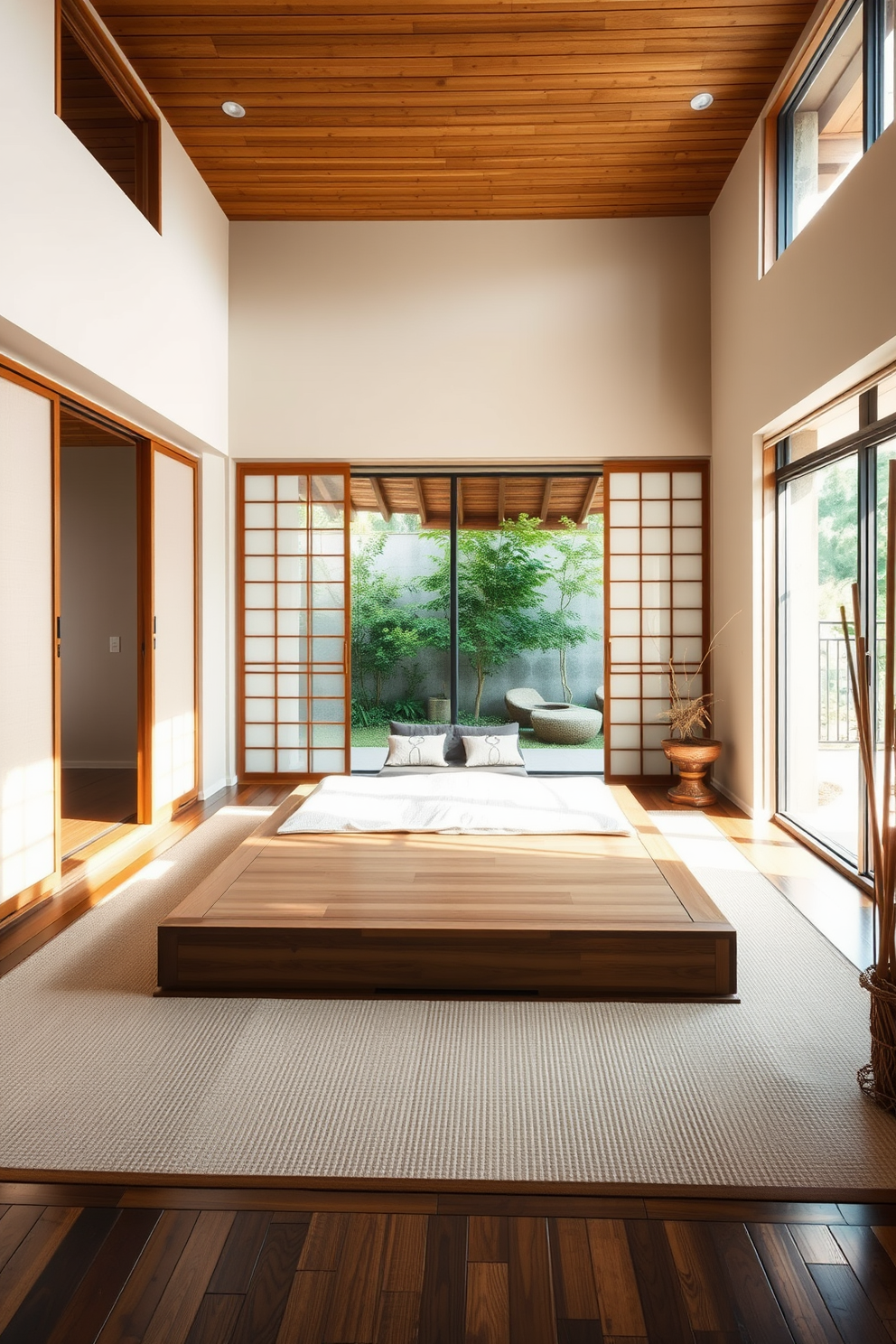 A serene Asian-inspired bedroom with an emphasis on open space. The room features a low platform bed with a natural wood finish, surrounded by sliding shoji screens that let in soft natural light. A cozy seating area with floor cushions is positioned near a large window, overlooking a tranquil garden. The walls are painted in soft earth tones, and bamboo accents add a touch of nature to the overall design.