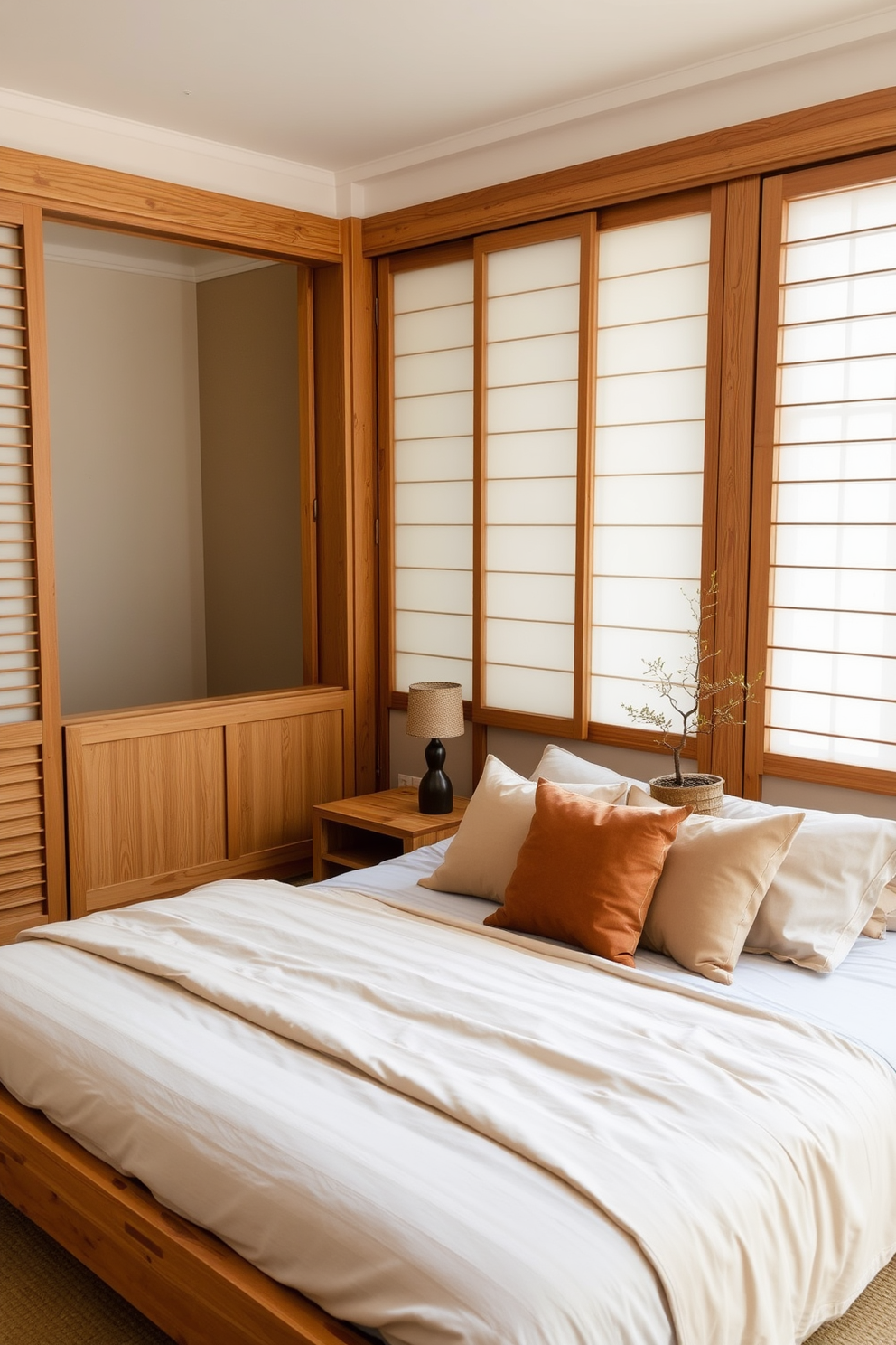 Elegant silk curtains drape gracefully from bamboo rods, adding a touch of luxury to the serene atmosphere. The bedroom features a low platform bed adorned with rich textiles and a delicate Asian-inspired artwork hanging above.