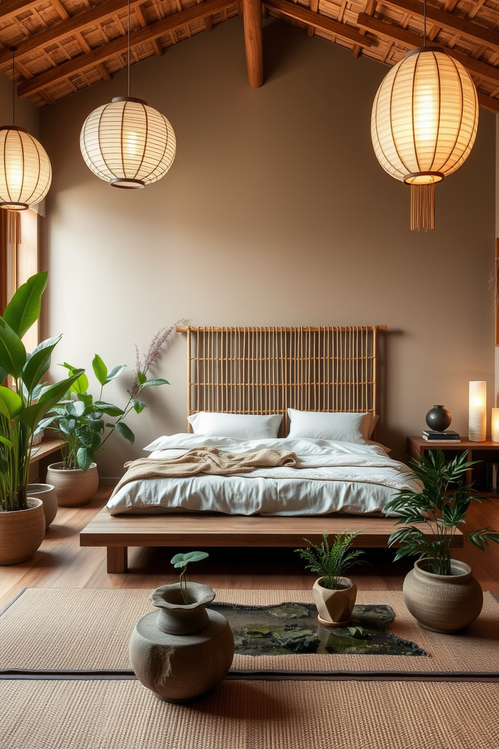 A serene Asian bedroom setting featuring natural wood furniture that exudes warmth and comfort. The bed is framed in rich teak wood, complemented by soft, neutral bedding and decorative throw pillows. In the corner, a minimalist wooden nightstand holds a delicate bonsai tree and a small lamp with a rice paper shade. The walls are adorned with subtle bamboo artwork, and the floor is covered with a plush area rug that adds texture and coziness.