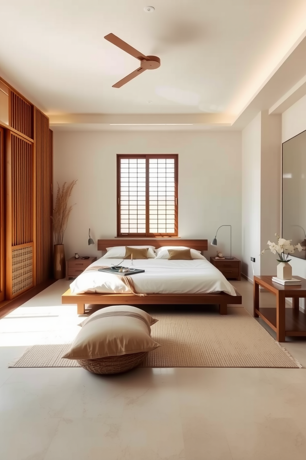 A serene Asian bedroom featuring a subtle pastel color palette to evoke tranquility. The room includes a low platform bed adorned with soft linens and a delicate throw, complemented by bamboo bedside tables. Natural light filters through sheer curtains, casting a gentle glow on the warm wooden floor. A minimalist wardrobe with sliding doors and a small meditation corner with cushions complete the peaceful ambiance.