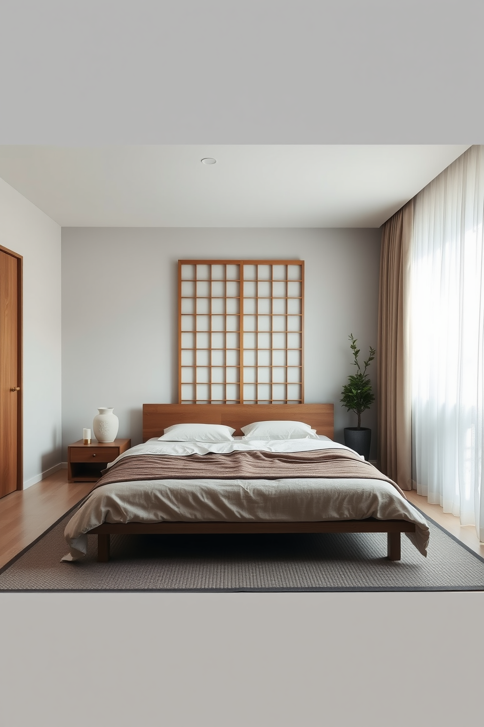 A serene Asian bedroom setting featuring intricate lattice screens that provide privacy while enhancing the aesthetic appeal of the space. The screens are made of dark wood and are complemented by soft lighting that creates a warm and inviting atmosphere. The room includes a low platform bed adorned with rich textiles and a mix of decorative pillows. Bamboo plants are strategically placed to add a touch of nature, while delicate lanterns hang from the ceiling, casting gentle shadows on the walls.