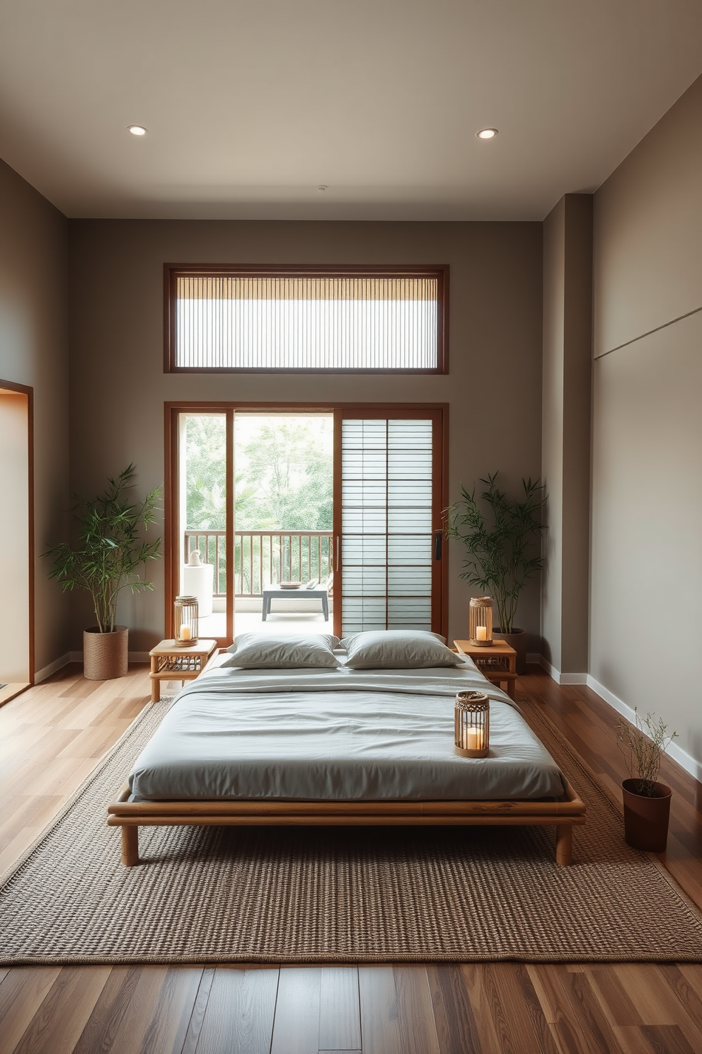 A serene Asian bedroom design featuring bamboo accents throughout the space. The walls are adorned with subtle earth tones and a large sliding door opens to a private balcony. A low platform bed with a bamboo frame is positioned in the center, complemented by soft linens in natural hues. Minimalist nightstands made of bamboo sit on either side of the bed, holding delicate lanterns for ambient lighting. The floor is covered with a natural woven rug that adds warmth and texture. Potted bamboo plants are strategically placed in the corners, enhancing the tranquil atmosphere of the room.