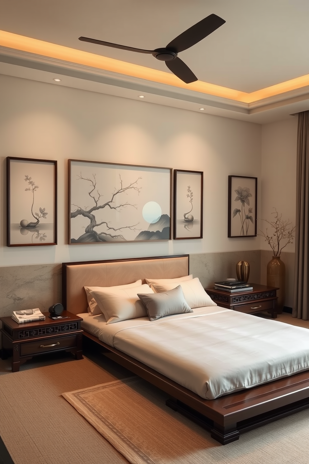 A serene Asian-inspired bedroom featuring elegant artwork adorning the walls. The space is complemented by a low platform bed with intricate woodwork and soft, neutral bedding.