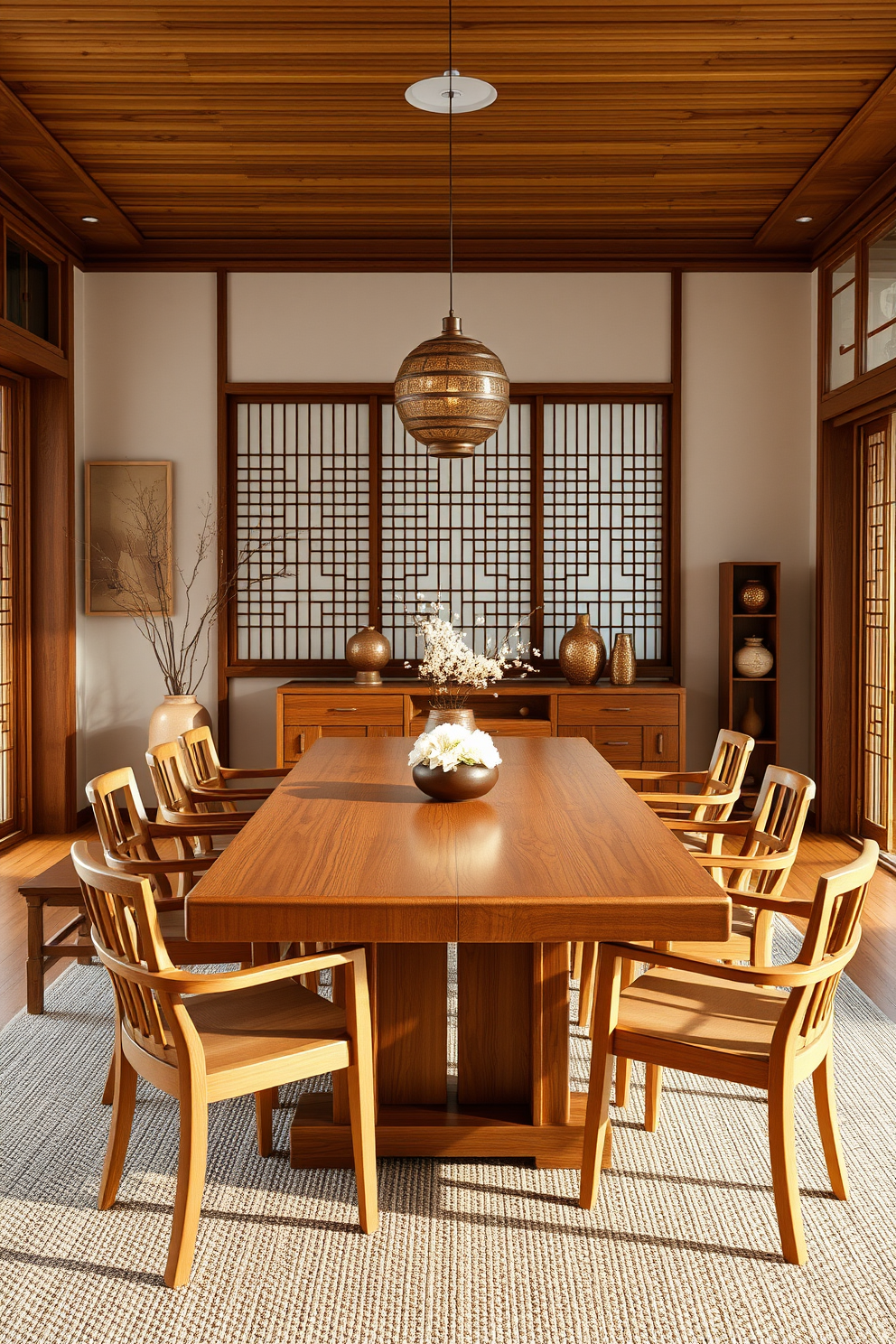 A natural wood low-profile dining table is the centerpiece of the room, surrounded by sleek, minimalist chairs. The walls are adorned with subtle Asian-inspired artwork, and soft lighting creates a warm and inviting atmosphere.