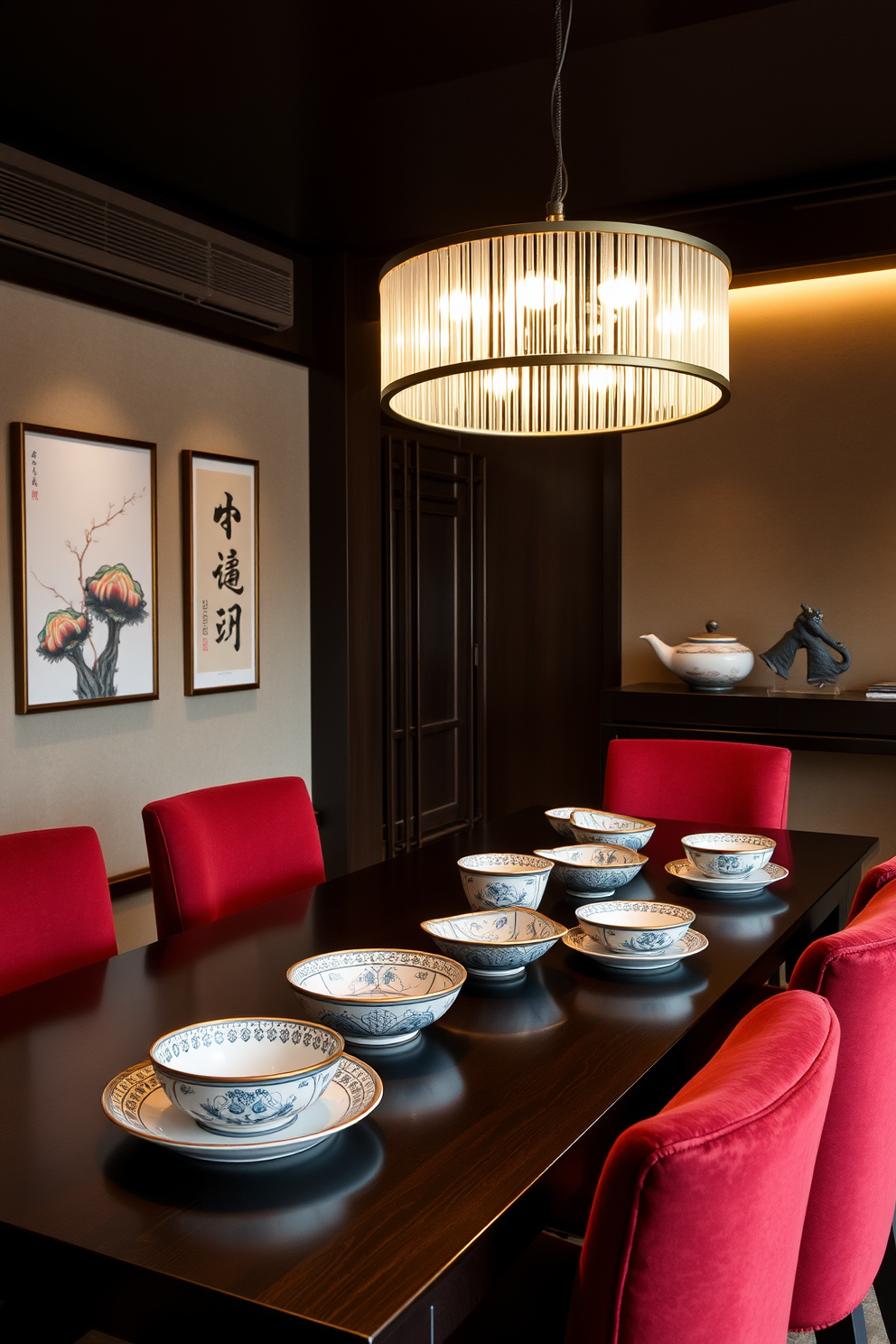 A cozy Asian dining room features low seating arrangements with plush cushions surrounding a low wooden table. The space is adorned with traditional Asian decor elements such as paper lanterns and bamboo accents, creating a warm and inviting atmosphere. Natural light filters through sliding shoji screens, casting soft shadows across the room. A centerpiece of fresh flowers and decorative bowls adds a touch of elegance to the casual dining setup.