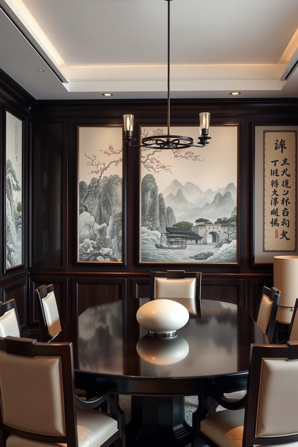 A serene Asian dining room with open shelving showcasing an elegant collection of decorative dishware. The shelves are made of dark wood, complementing a round table set with intricate place settings and surrounded by minimalist chairs.