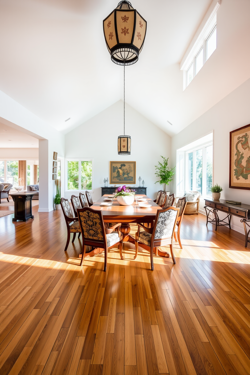 A bright and airy dining room features an open layout that seamlessly connects to the living area. The space is adorned with a large wooden dining table surrounded by elegant chairs with intricate Asian-inspired patterns. Natural light floods the room through large windows, enhancing the warm tones of the bamboo flooring. Decorative elements such as a statement lantern and wall art showcasing traditional Asian motifs add character and depth to the design.