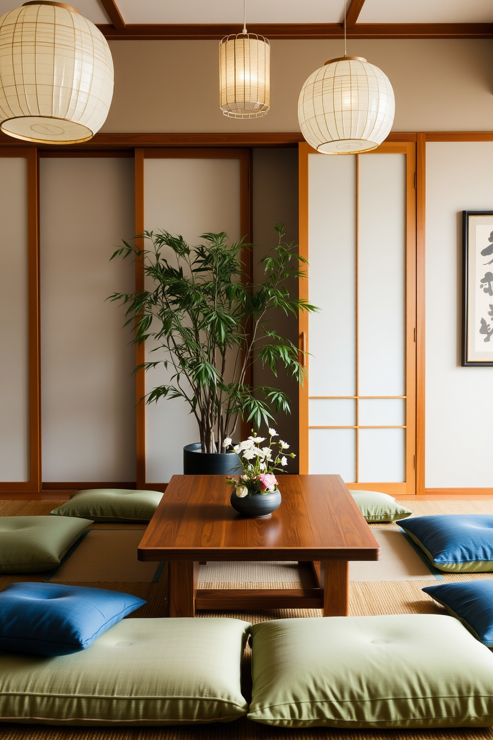 A low dining table made of natural wood is surrounded by plush cushions in various shades of blue and green. The room features sliding shoji screens that provide a serene backdrop, with delicate paper lanterns hanging from the ceiling. A large potted bamboo plant adds a touch of nature to the space, while a simple centerpiece of fresh flowers sits on the table. The walls are adorned with traditional Asian artwork, enhancing the overall tranquil atmosphere of the dining room.