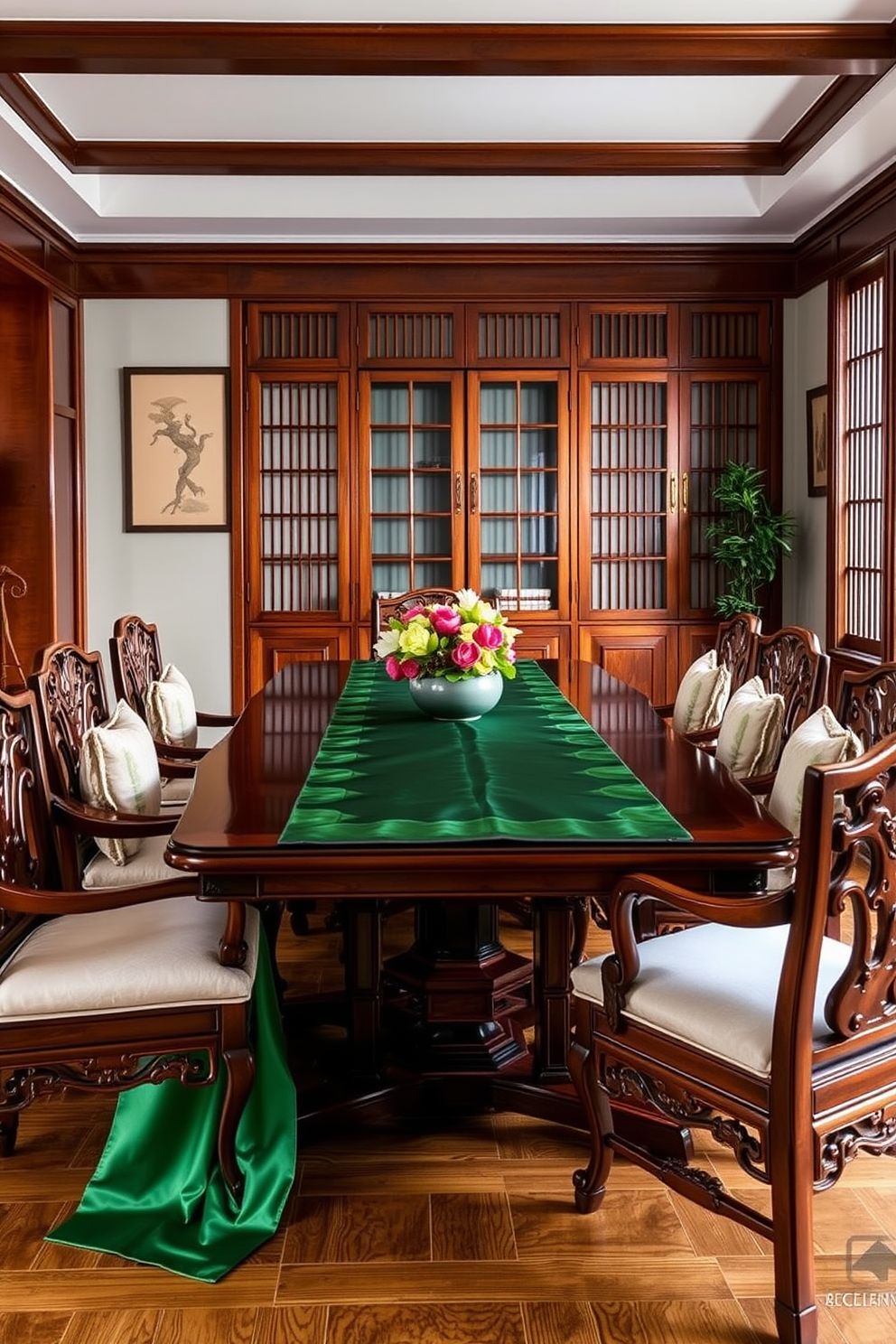 A serene Asian dining room featuring an elegant wooden table adorned with a luxurious silk table runner in a rich jade green hue. Surrounding the table are intricately carved wooden chairs with plush cushions, and the walls are decorated with traditional Asian art pieces.