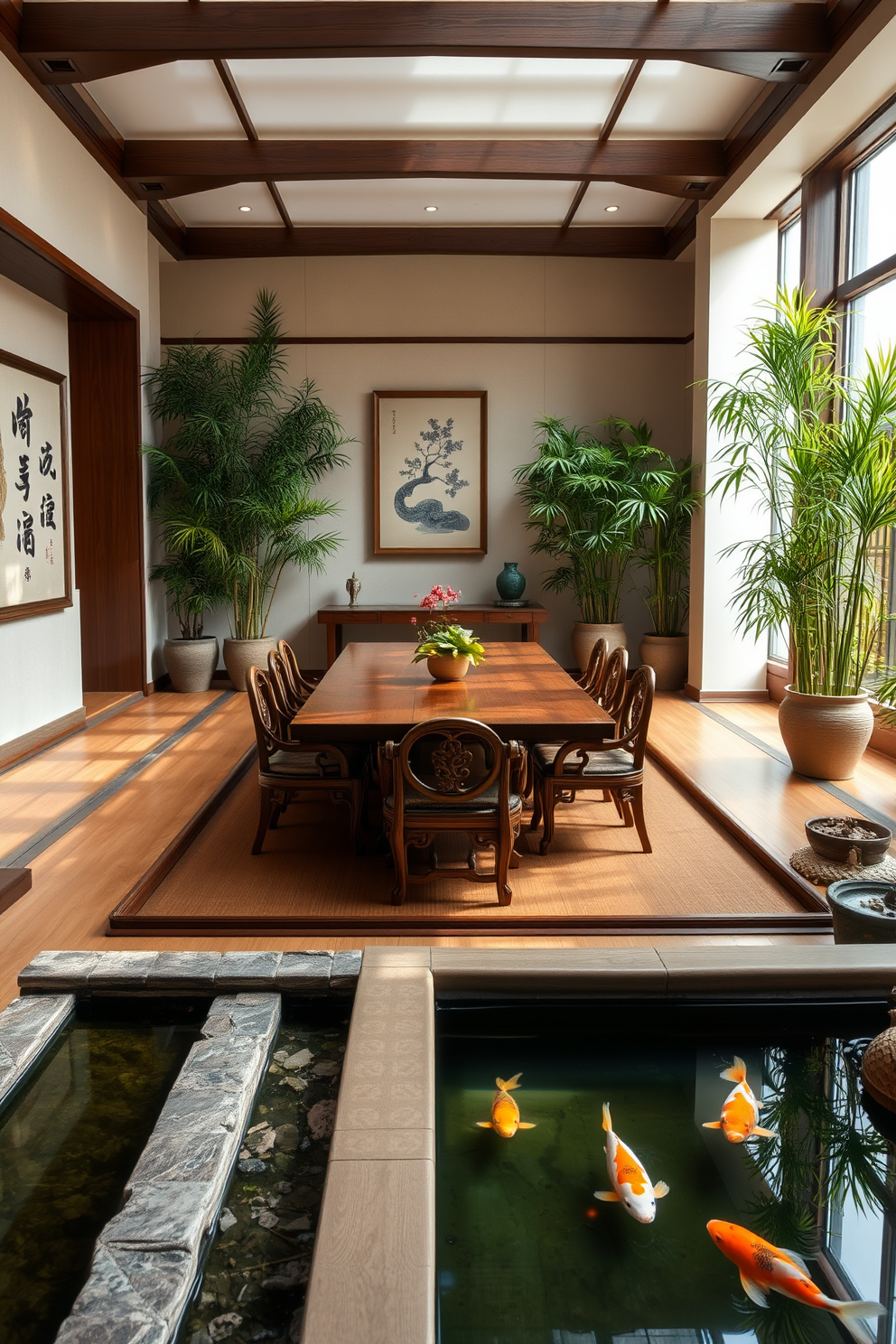 A serene Asian dining room featuring hand-painted ceramics that add unique touches to the decor. The table is set with intricately designed plates and bowls, surrounded by elegant wooden chairs with soft cushions.