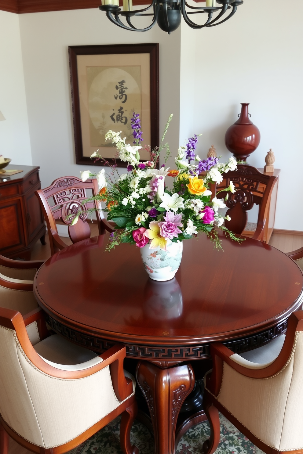 An elegant Asian dining room features a beautifully crafted wooden table with intricate carvings, surrounded by plush upholstered chairs. At the center of the table, a stunning centerpiece showcases a variety of fresh flowers arranged in a delicate porcelain vase, adding a vibrant touch to the serene atmosphere.