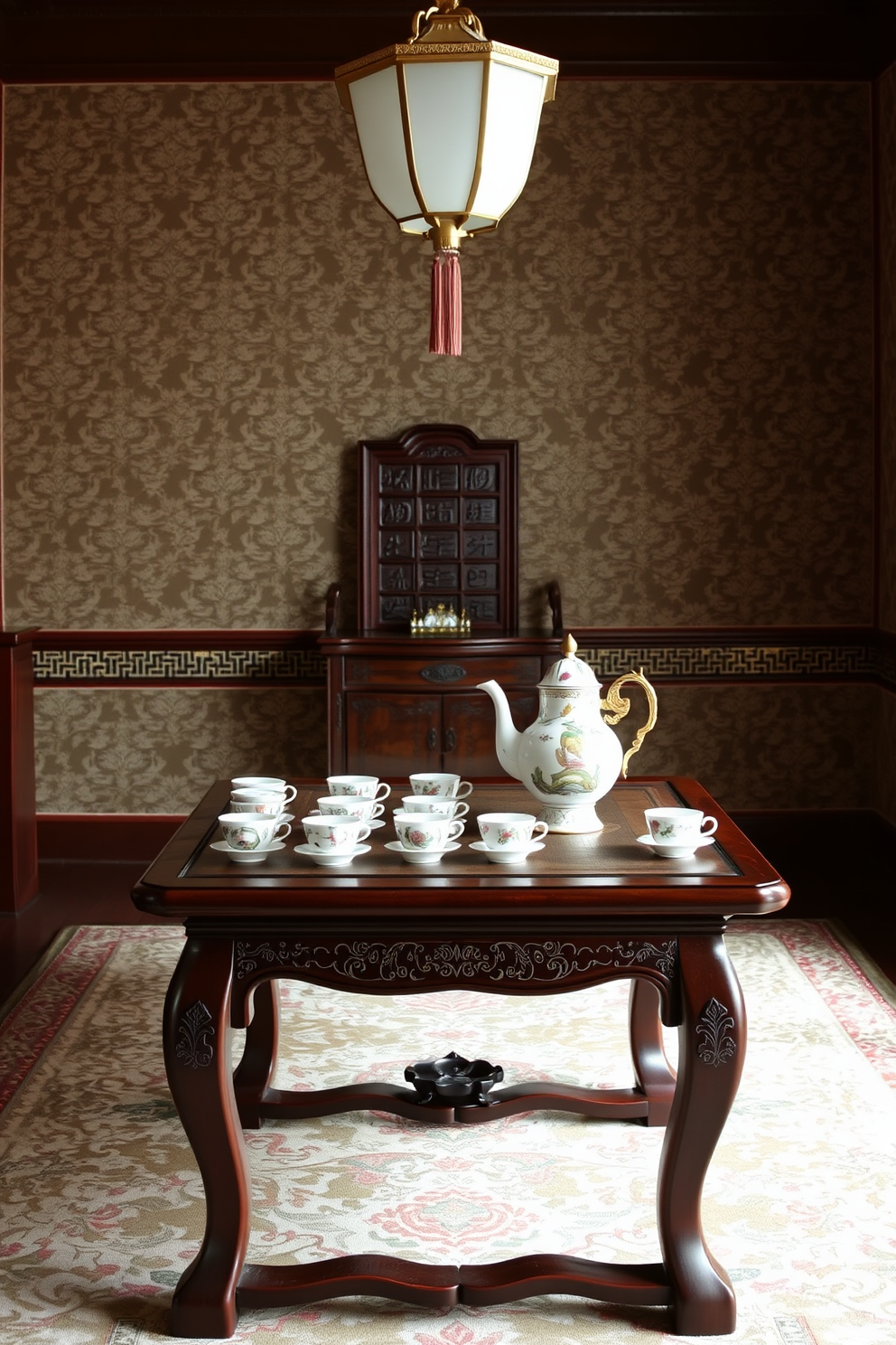 A traditional Asian dining room features a beautifully crafted wooden table set against a backdrop of intricate wallpaper adorned with floral patterns. On the table, an elegant display of traditional tea sets is arranged, showcasing delicate porcelain cups and a teapot with ornate designs.